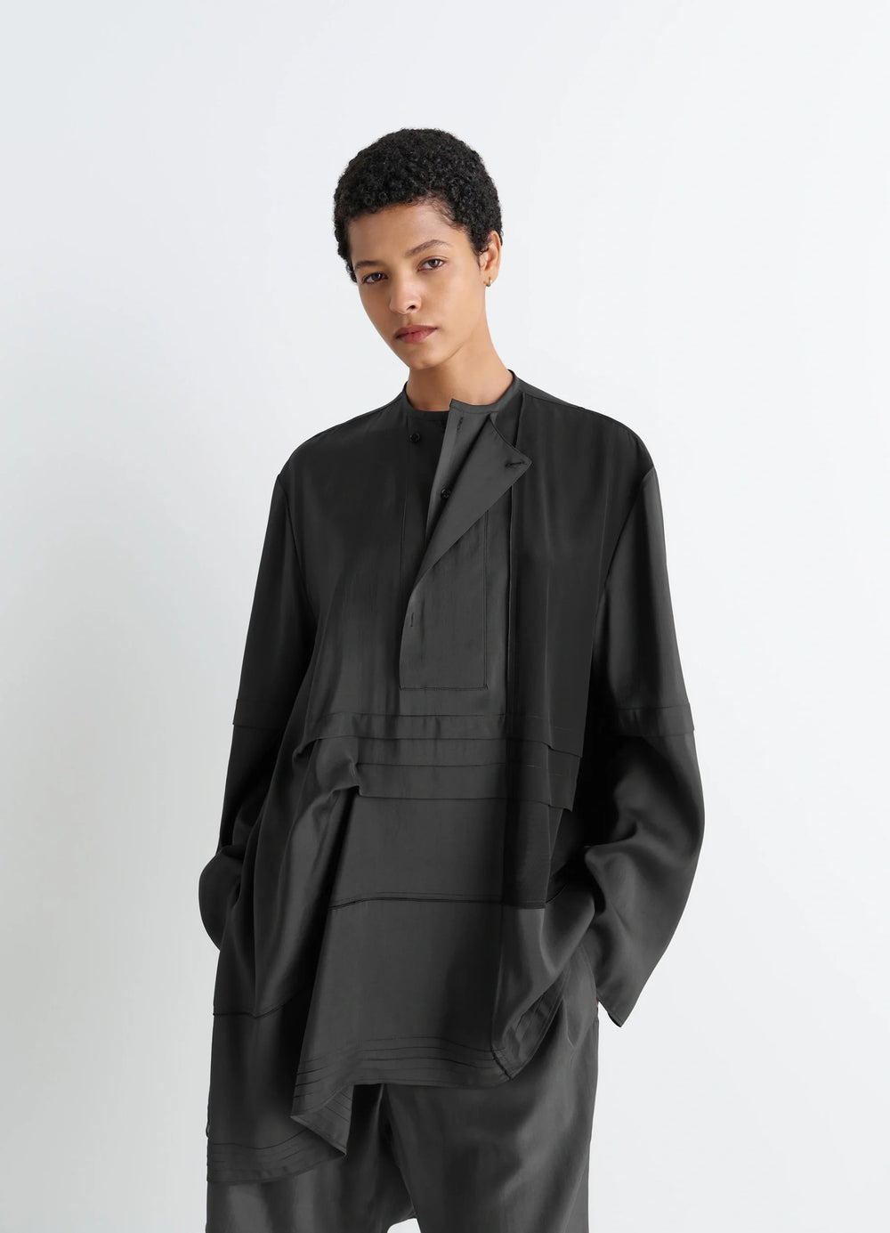 Blouse with Pleats in Black Patchwork Crepe de Chine, model shot, Front view Asymmetrical with pleats