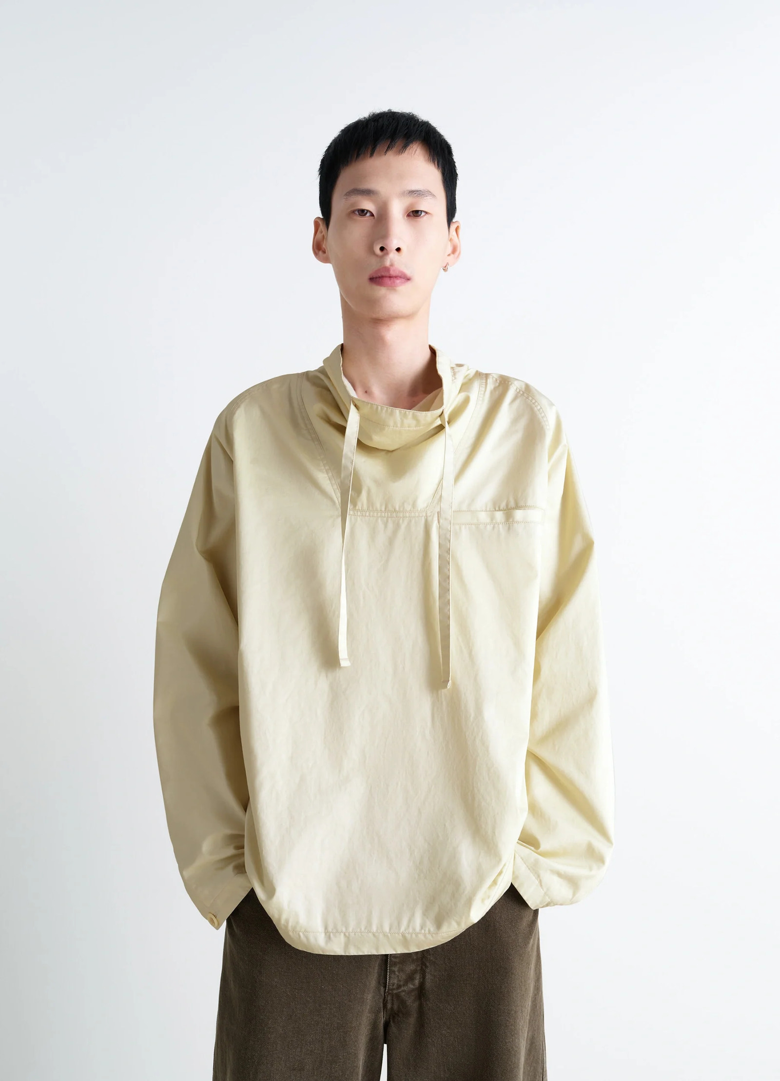 Lemaire funnel neck vareuse in lightweight cotton satin, model shot, front view loose fit
