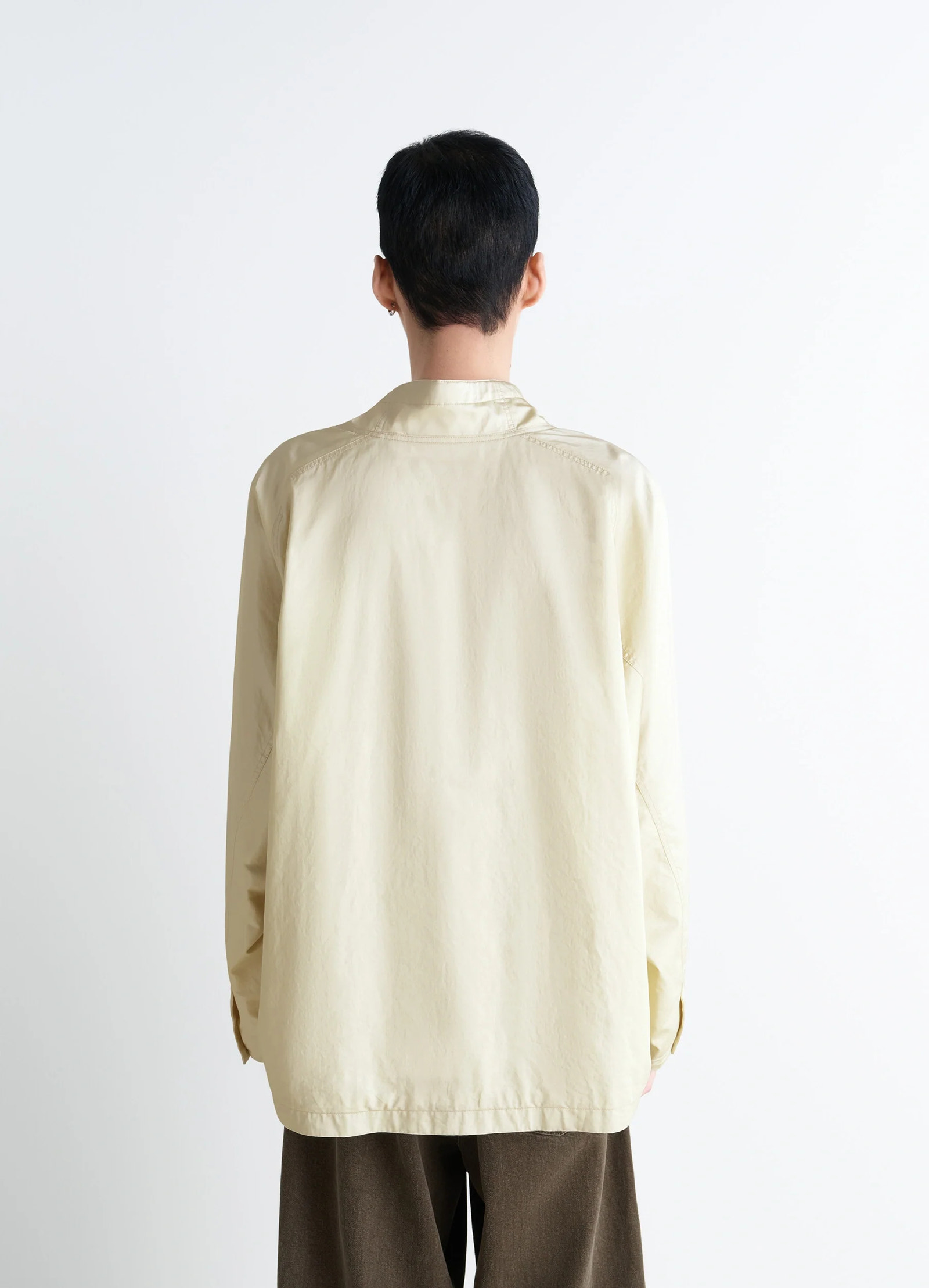 Lemaire funnel neck vareuse in lightweight cotton satin, model shot, back view straight hem