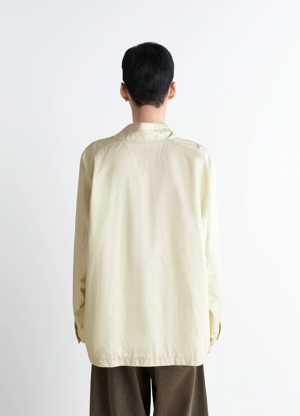 Lemaire Funnel Neck Vareuse in Lightweight Cotton Satin, model shot, back view straight hem
