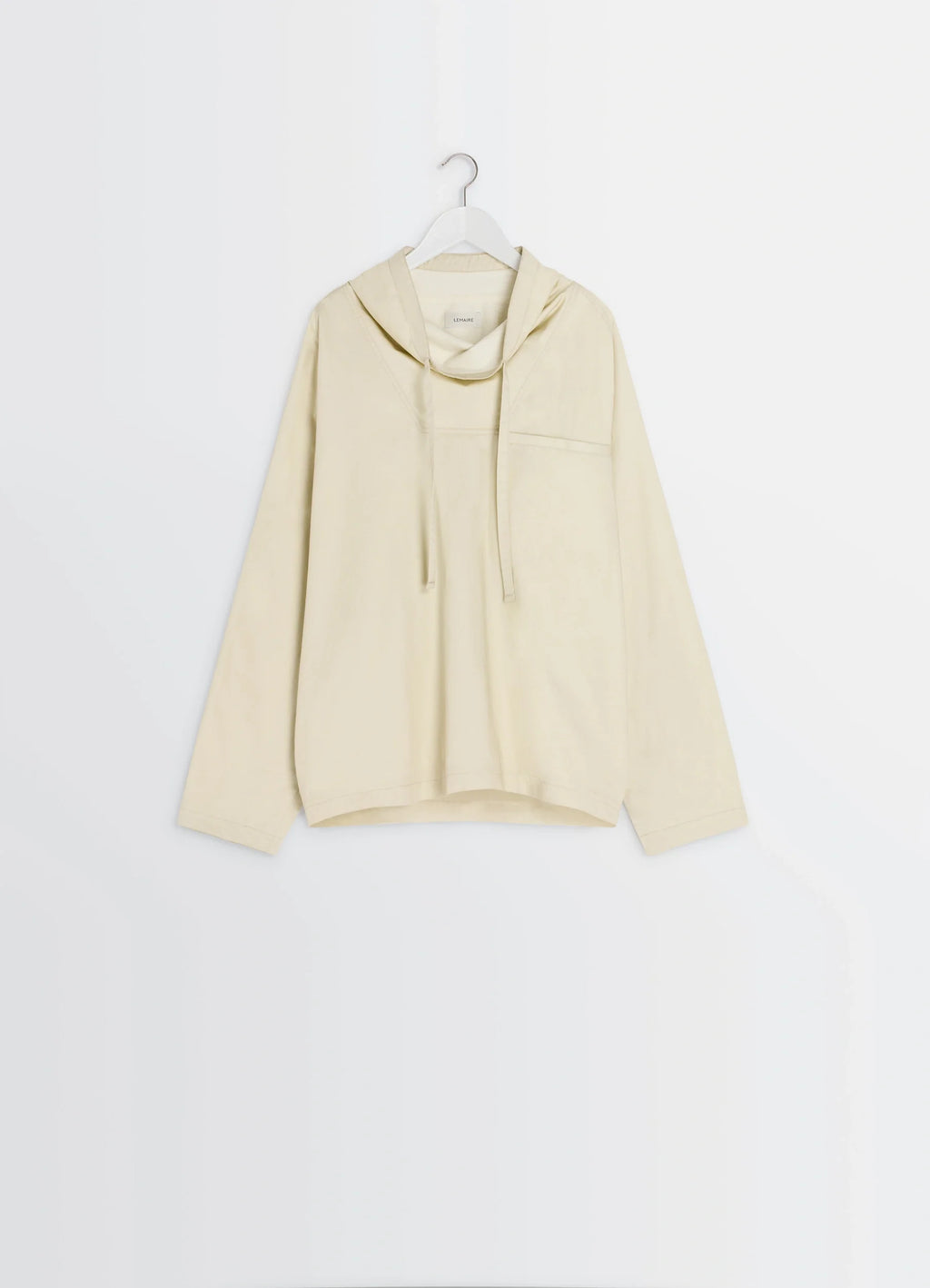 Lemaire Funnel Neck Vareuse in Lightweight Cotton Satin, product shot, hanger shot long sleeve, drawstring funnel