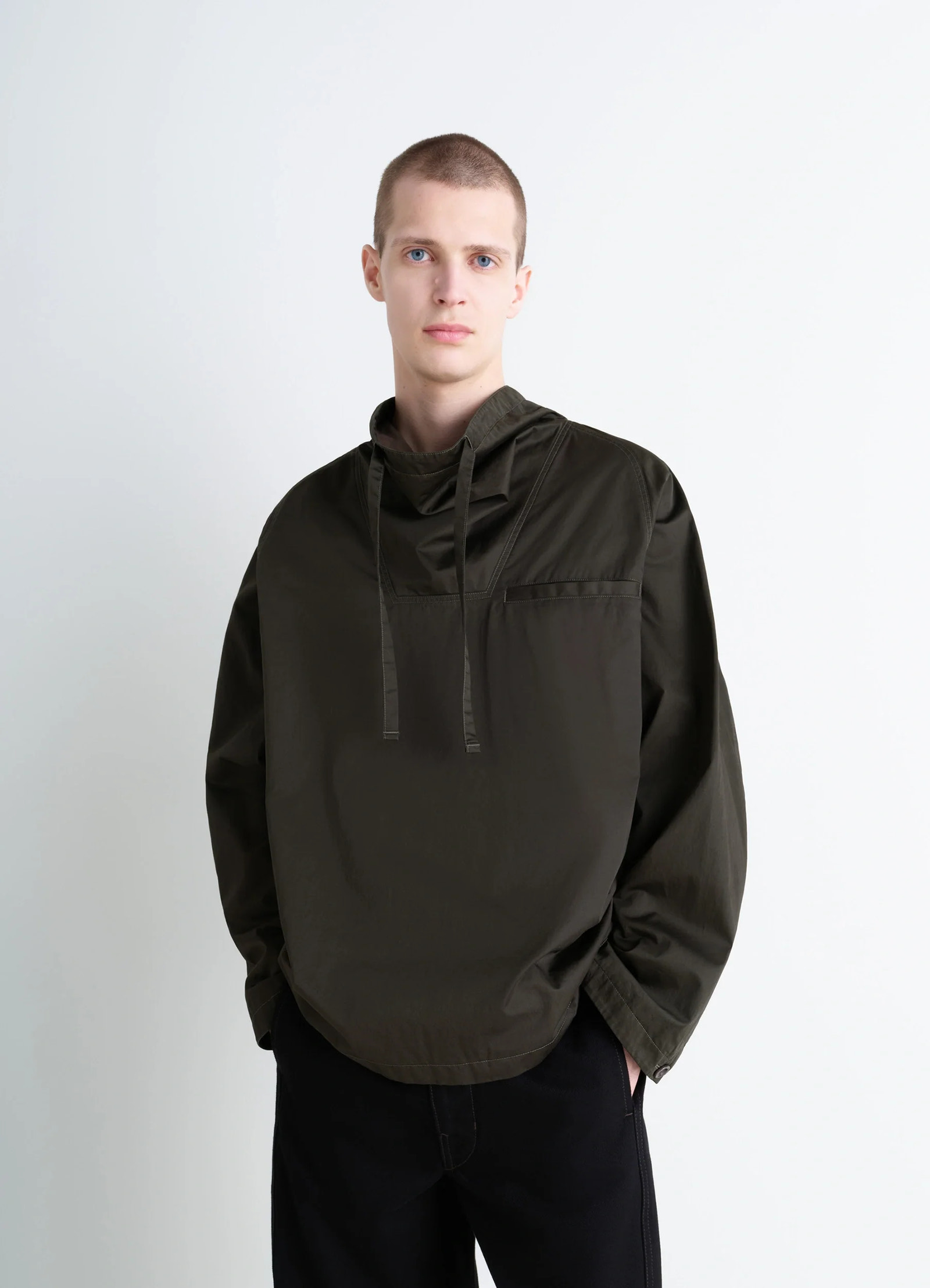 Lemaire funnel neck vareuse in dark olive lightweight cotton, model shot, front view loose fit