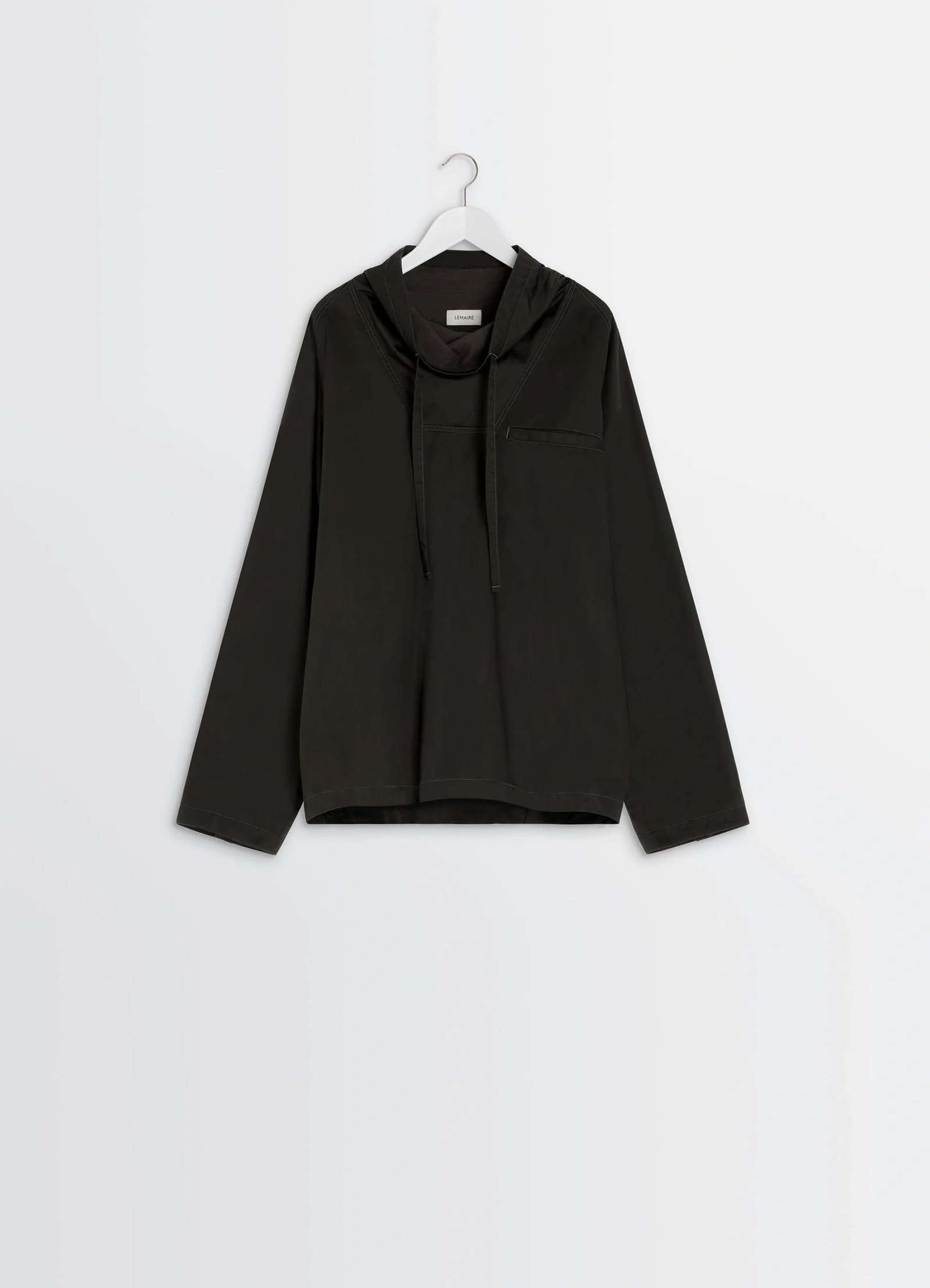 Lemaire funnel neck vareuse in dark olive lightweight cotton, product shot, hanging display view asymmetric hem, kangaroo poc