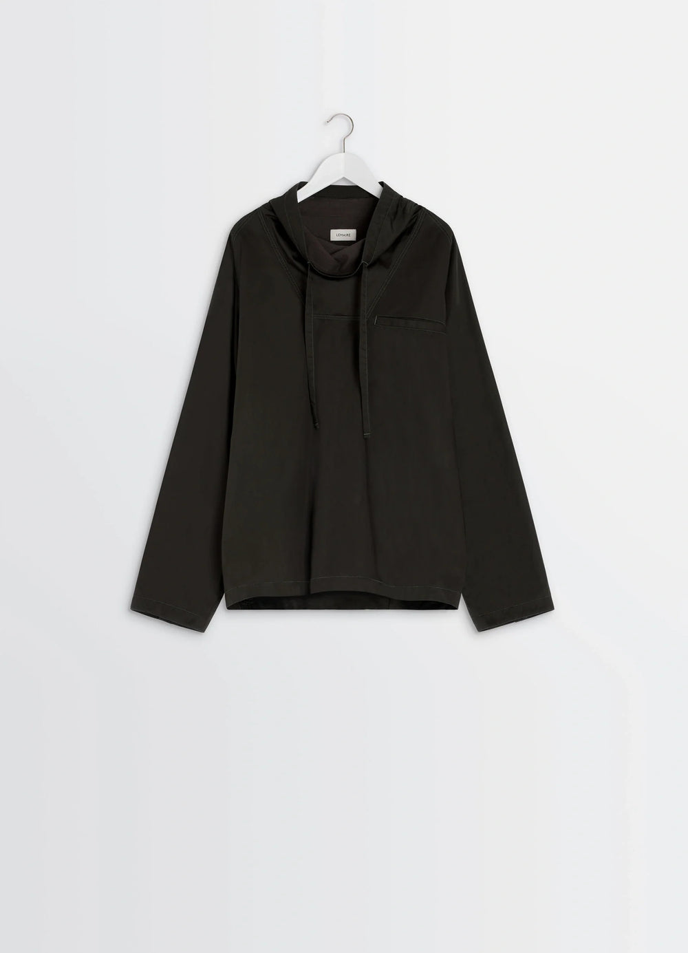 Lemaire Funnel Neck Vareuse in Dark Olive Lightweight Cotton, product shot, hanging display view asymmetric hem, kangaroo poc