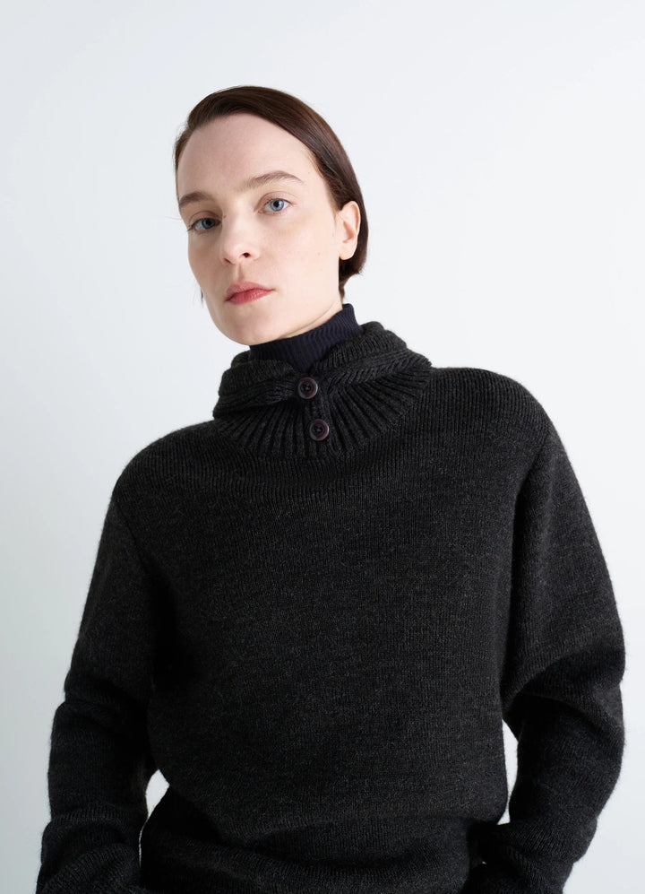 Lemaire Button-Down Hooded Sweater in Charcoal Wool Alpaca Blend, model shot, Front view Button-down collar