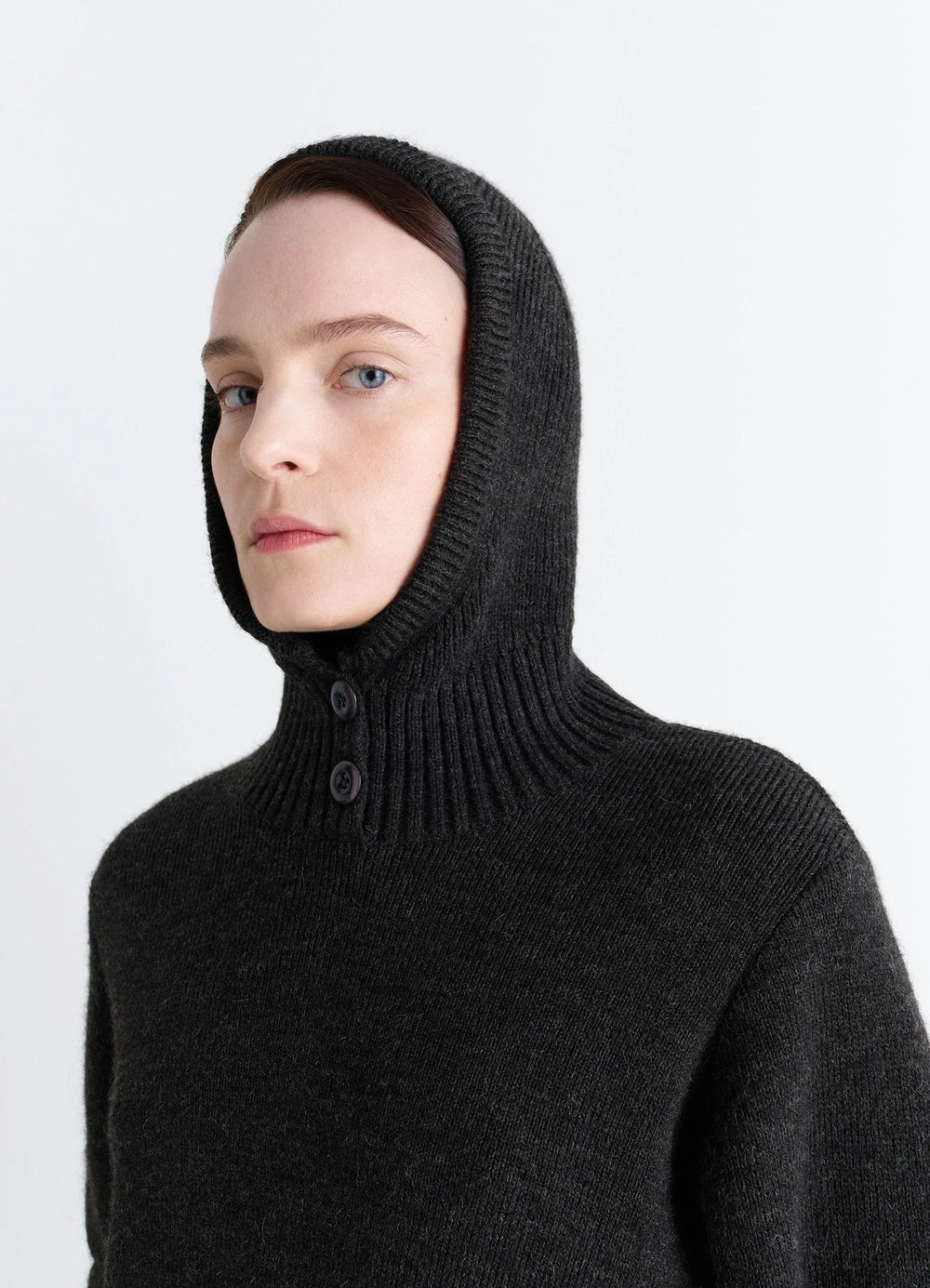 Lemaire Button-Down Hooded Sweater in Charcoal Wool Alpaca Blend, model shot, side profile shot ribbed neck detail