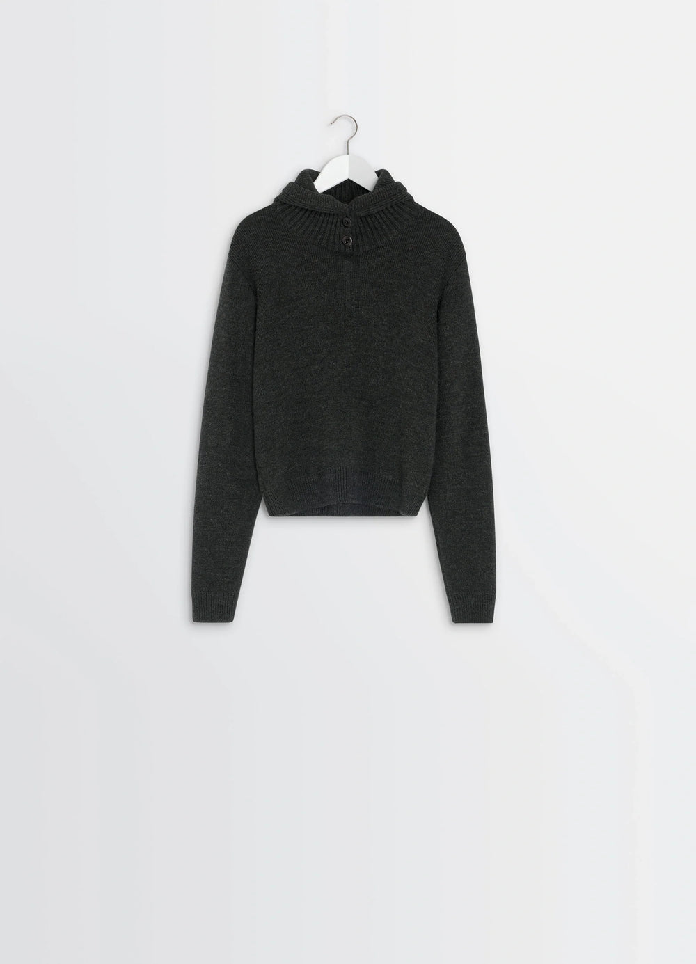 Lemaire Button-Down Hooded Sweater in Charcoal Wool Alpaca Blend, product shot, hanging view ribbed buttoned neckline