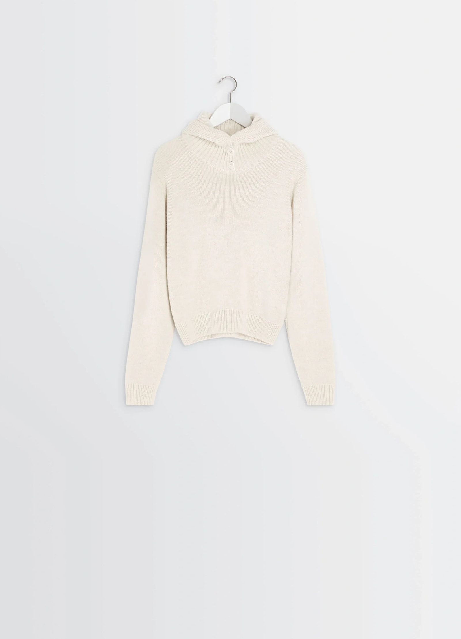 Lemaire hooded sweater in cream wool alpaca blend, product shot, hanging view buttoned funnel neck
