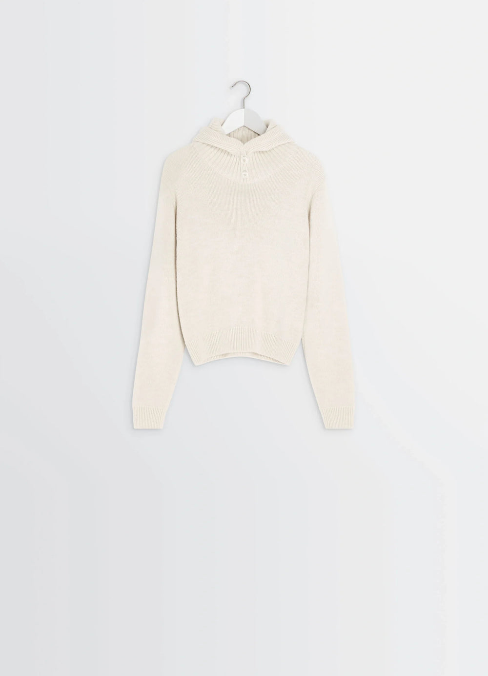 Lemaire Hooded Sweater in Cream Wool Alpaca Blend, product shot, hanging view buttoned funnel neck