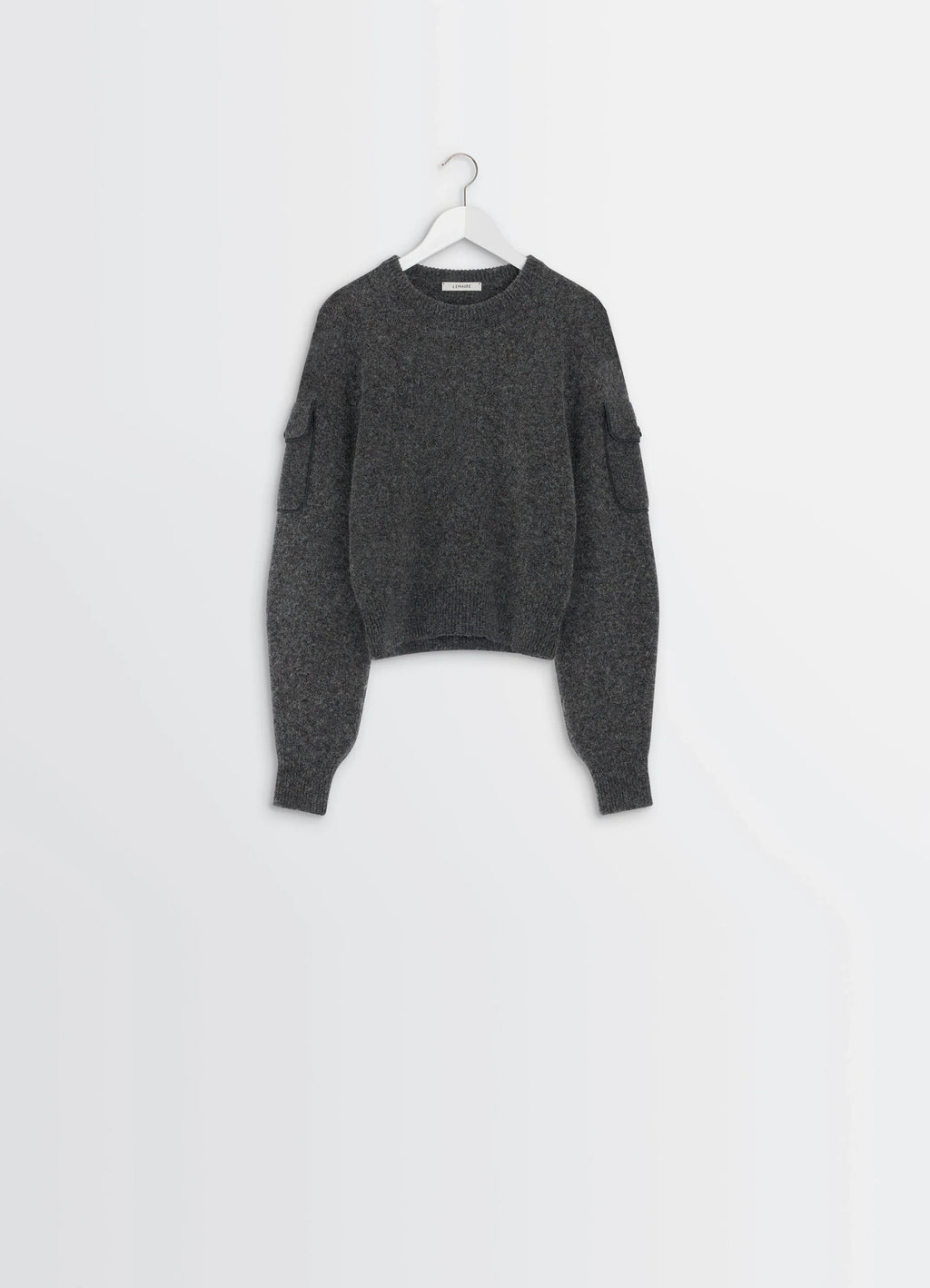 SWEATER WITH POCKETS in Shetland wool grey, product shot, hanging view cropped length