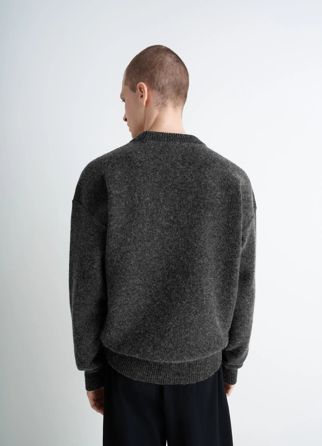 Boxy V Neck Sweater in Shetland Wool, model shot, Back View Boxy Fit