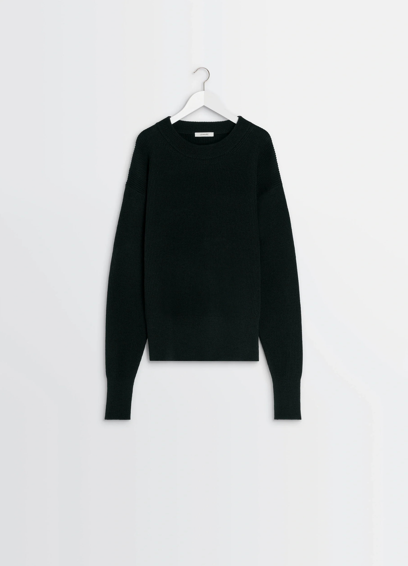 Boxy round neck sweater in ribbed virgin wool, product shot, side hanging view drop shoulder seams