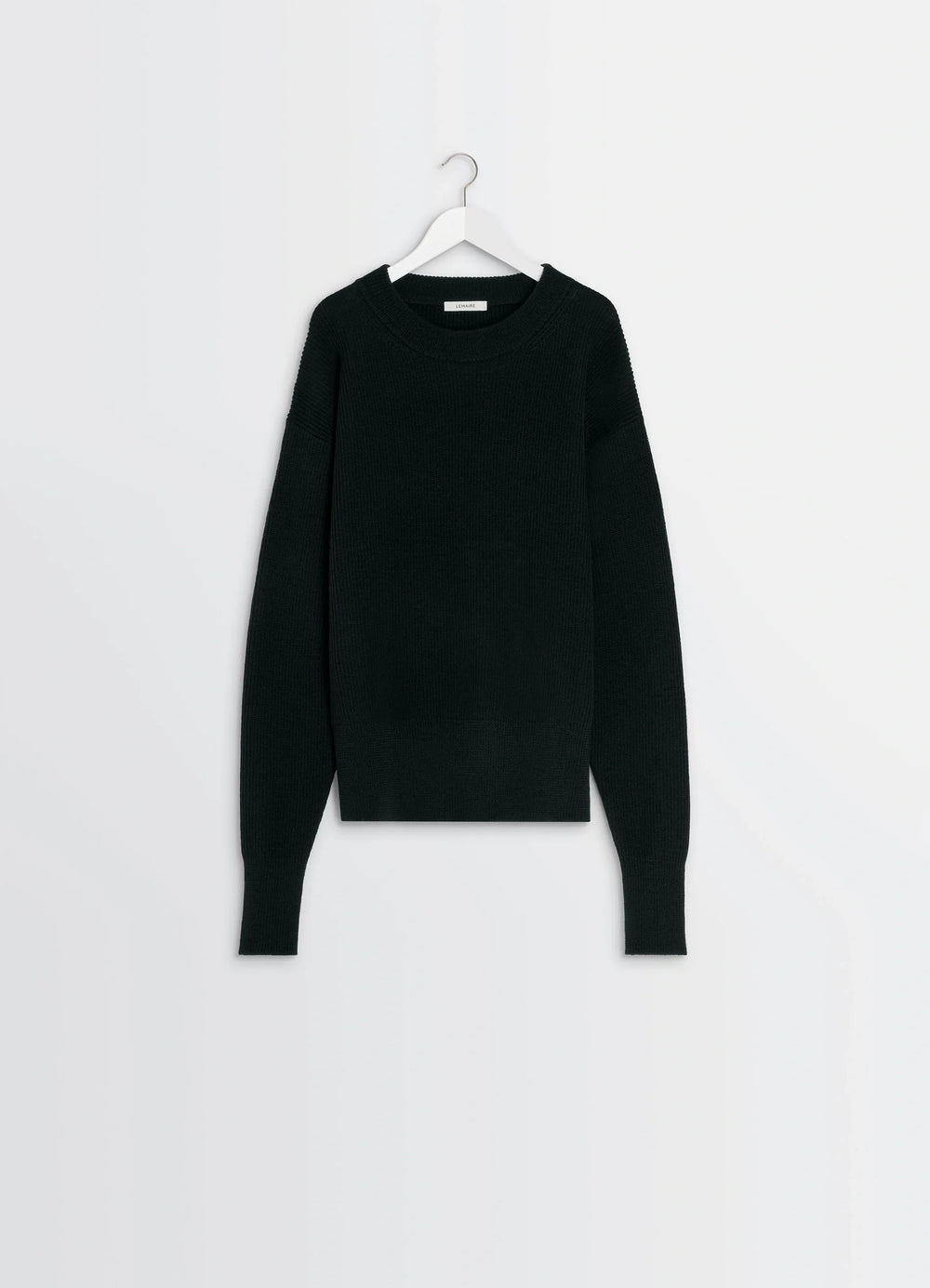 Boxy Round Neck Sweater in Ribbed Virgin Wool, product shot, side hanging view drop shoulder seams