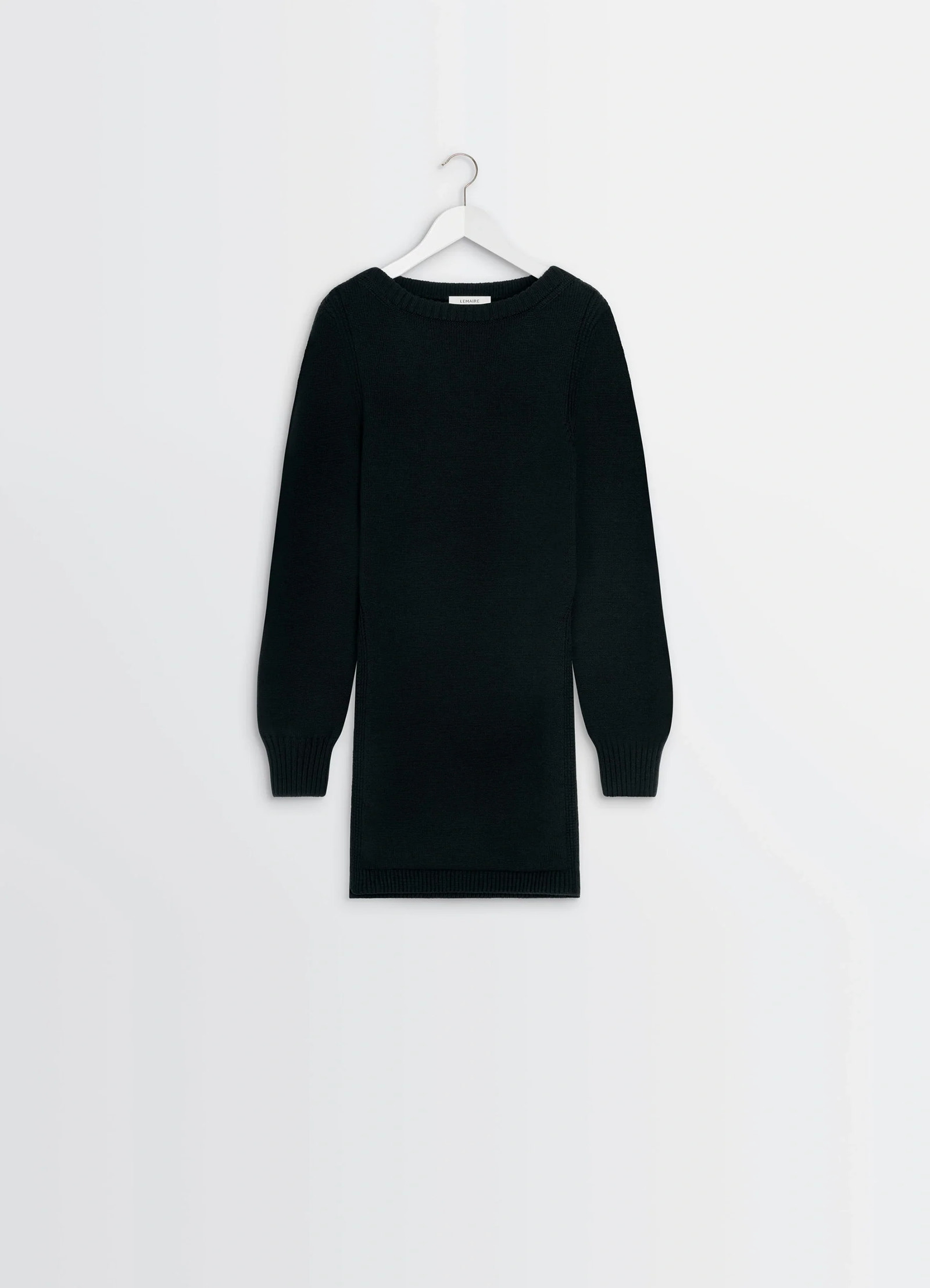Sweater with slits in combed wool black, product shot, hanger shot long body design, ribbed hem