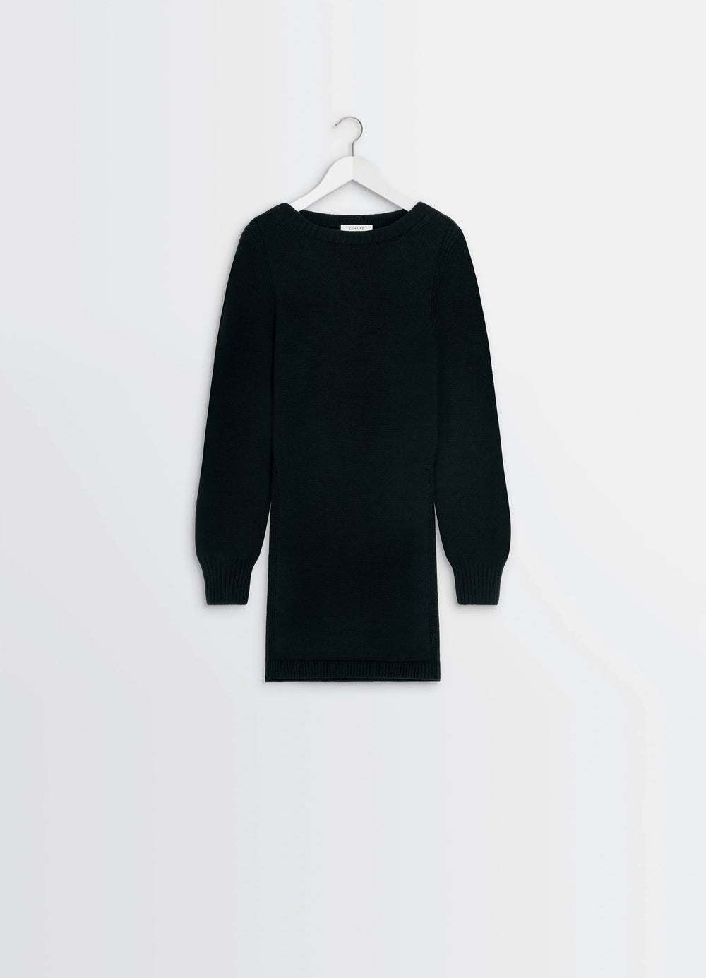 Sweater with Slits in Combed Wool Black, product shot, hanger shot long body design, ribbed hem