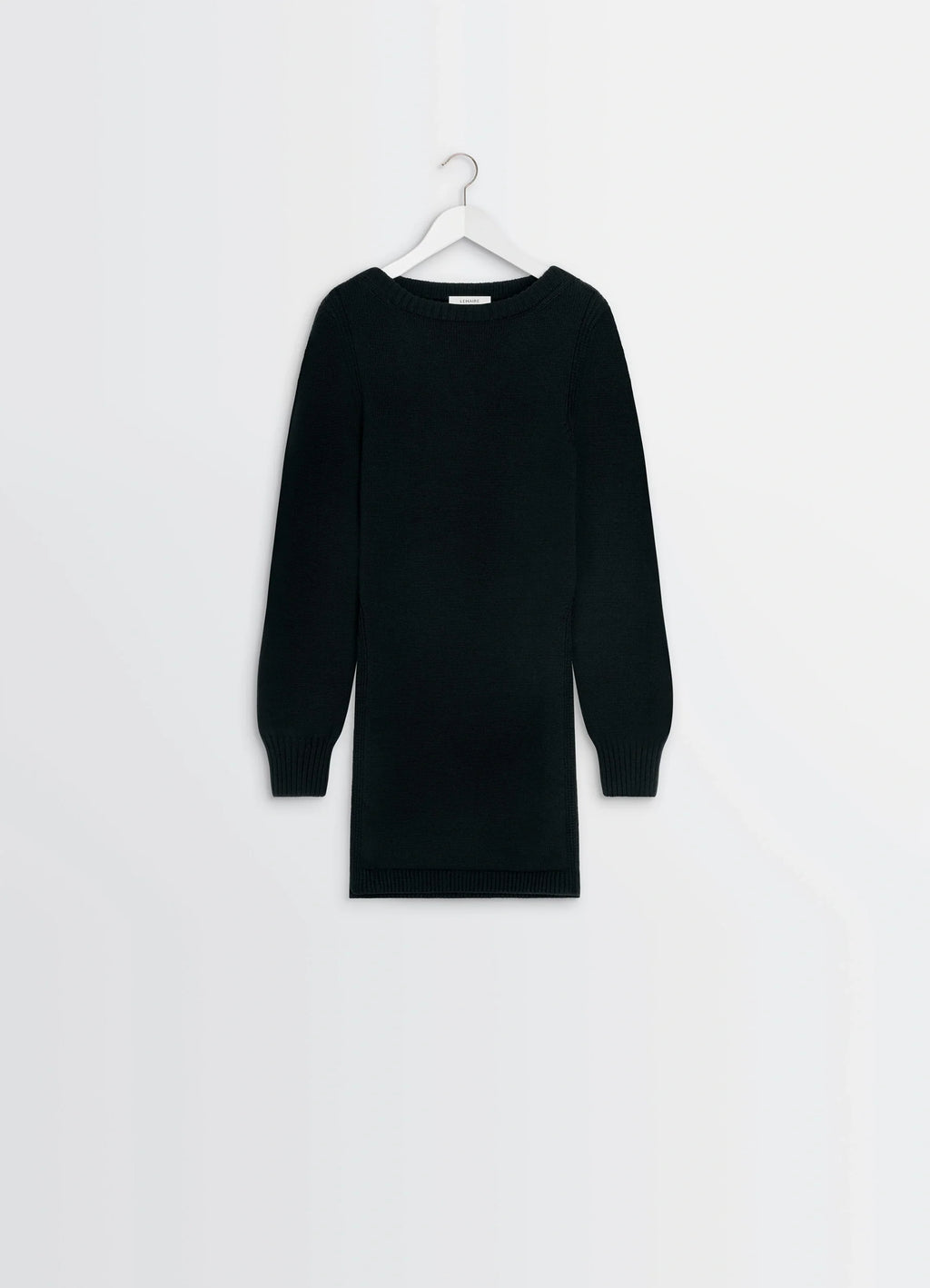 Sweater with Slits in Combed Wool Black, product shot, hanger shot long body design, ribbed hem