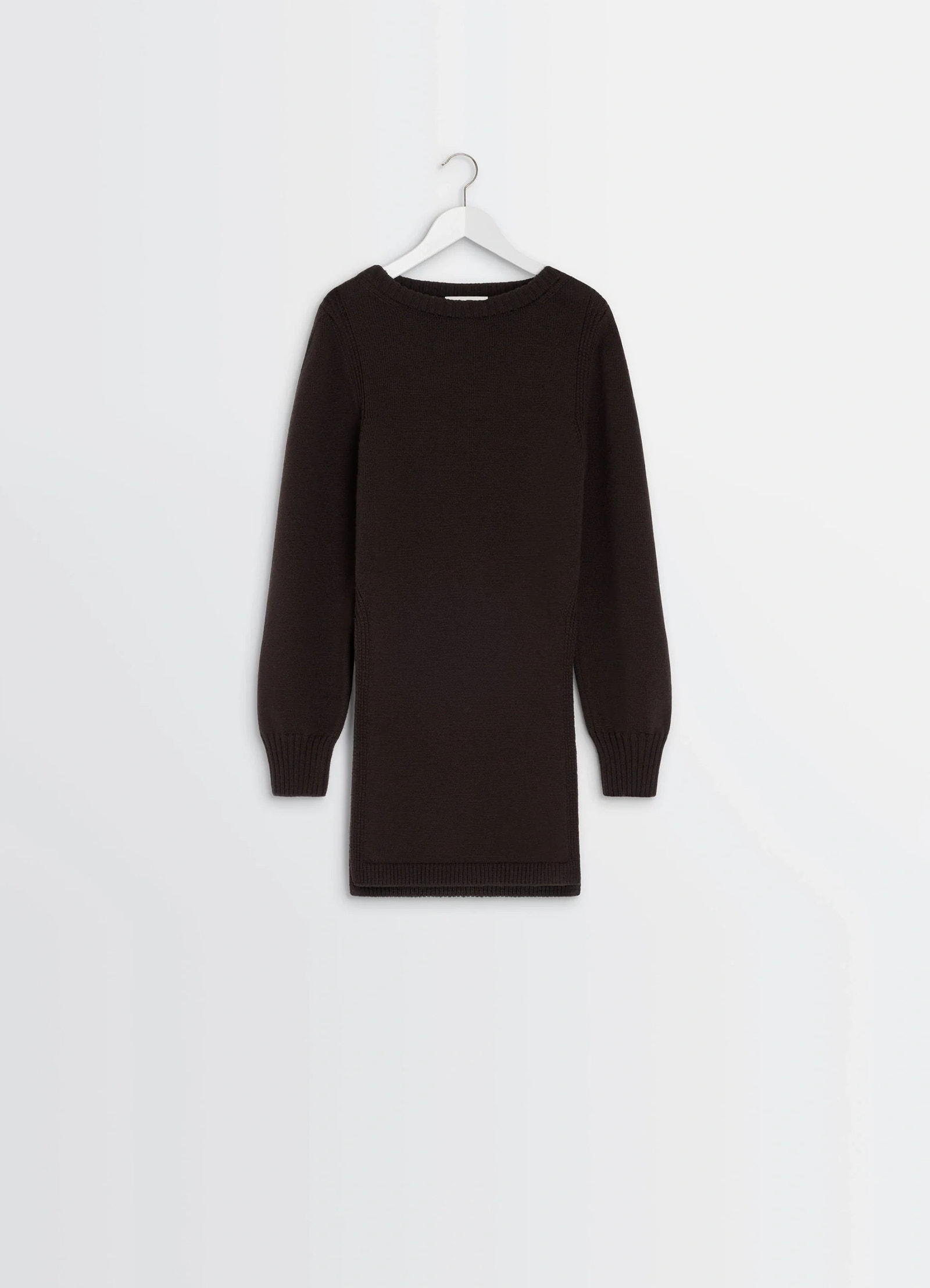 Sweater with slits in dark brown combed wool, product shot, hanger display view long sleeve straight cut