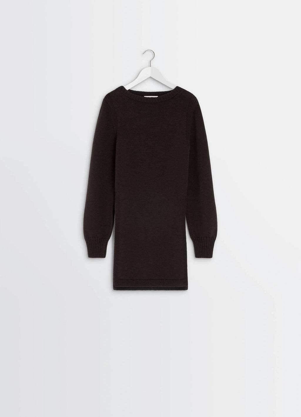 Sweater with Slits in Dark Brown Combed Wool, product shot, hanger display view long sleeve straight cut