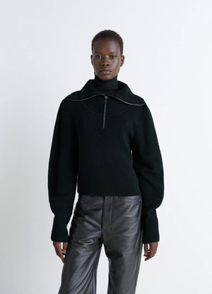 Zipped Sweater in Black Combed Wool, model shot, Front view Half-zip knit texture