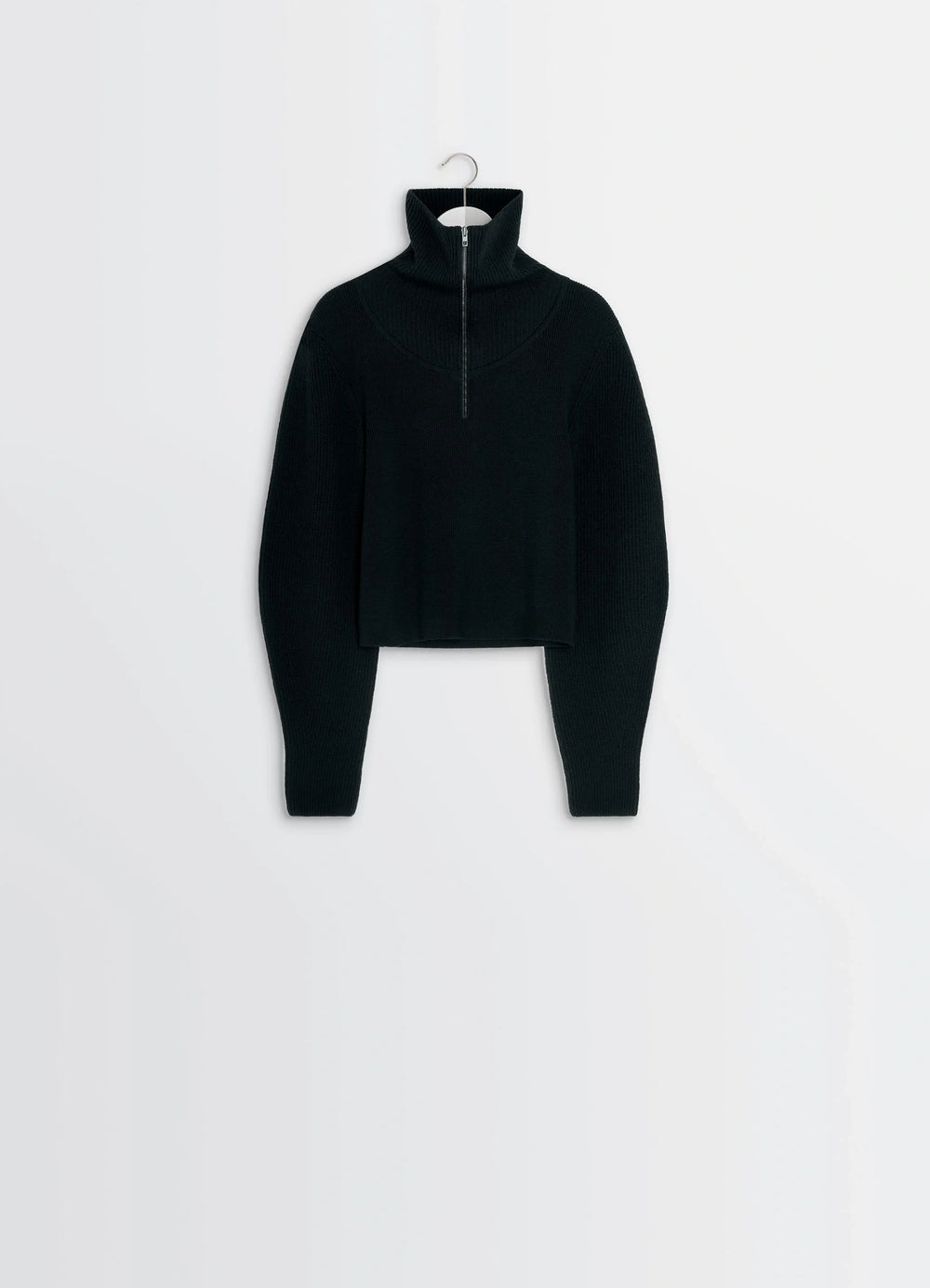 Zipped Sweater in Black Combed Wool, product shot, hanging view cropped length design
