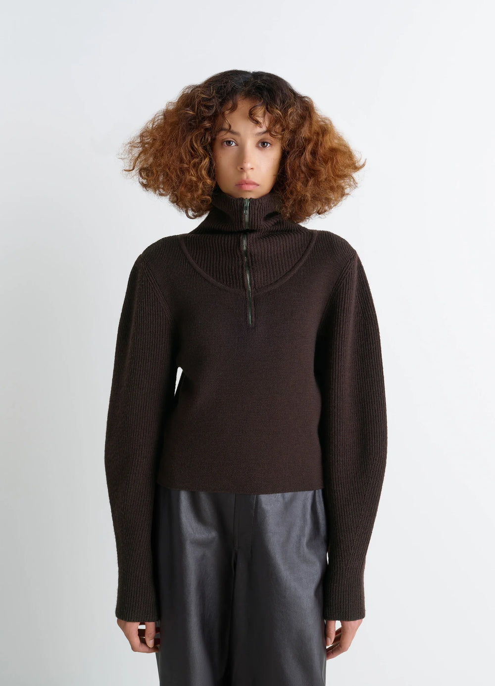 Zipped Sweater in Combed Wool, model shot, Front View Half-zip textured