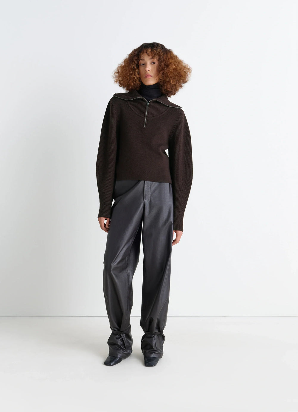 Zipped Sweater in Combed Wool, model shot, three-quarter view ribbed collar design