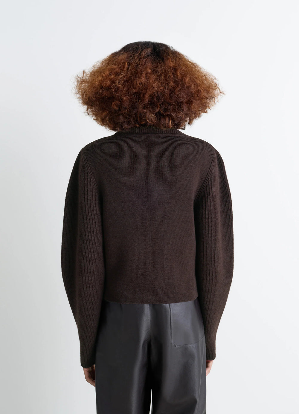 Zipped Sweater in Combed Wool, model shot, back view ribbed sleeve design