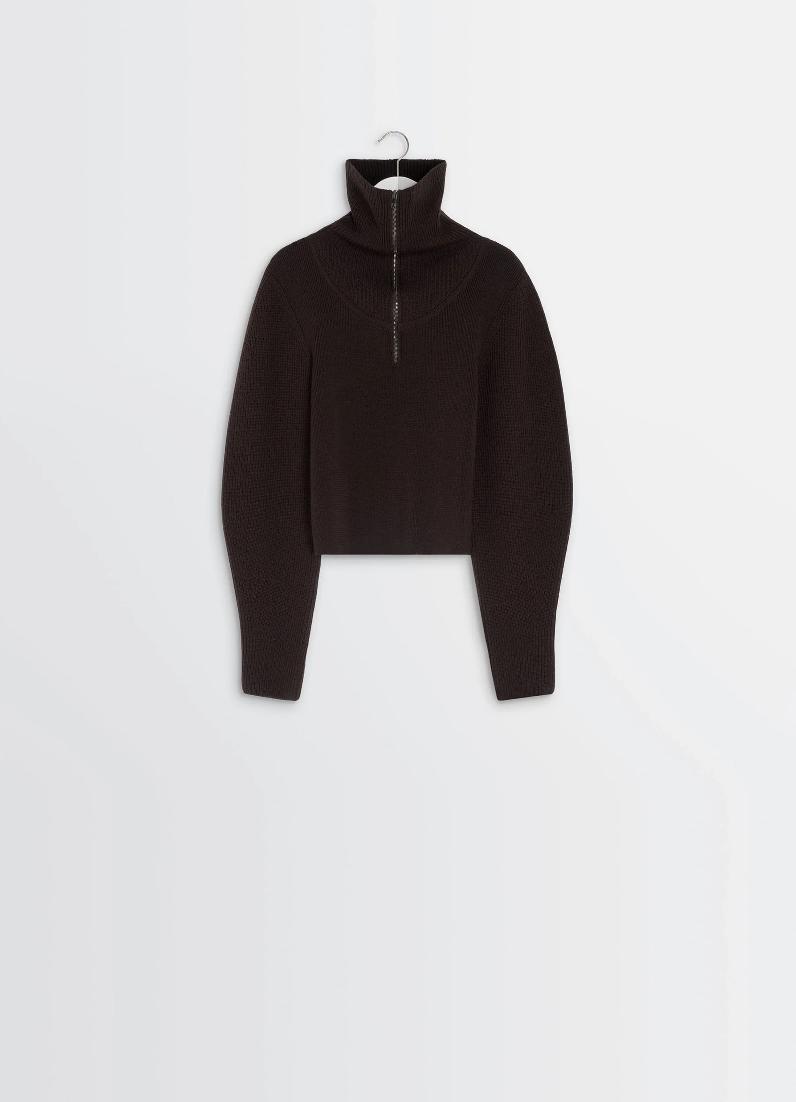 Zipped sweater in combed wool, product shot, side hanging view turtleneck extended sleeves