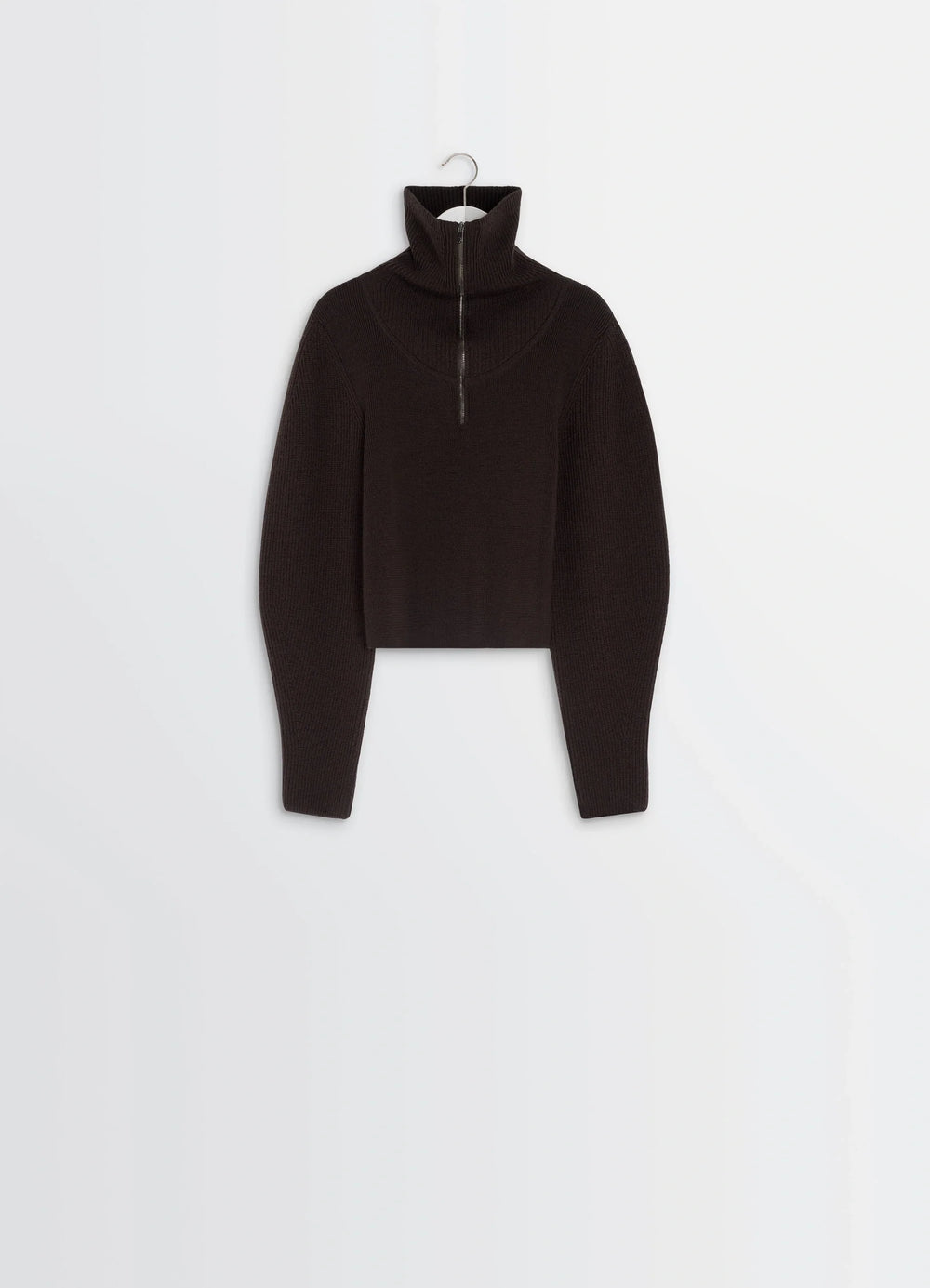 Zipped Sweater in Combed Wool, product shot, side hanging view turtleneck extended sleeves