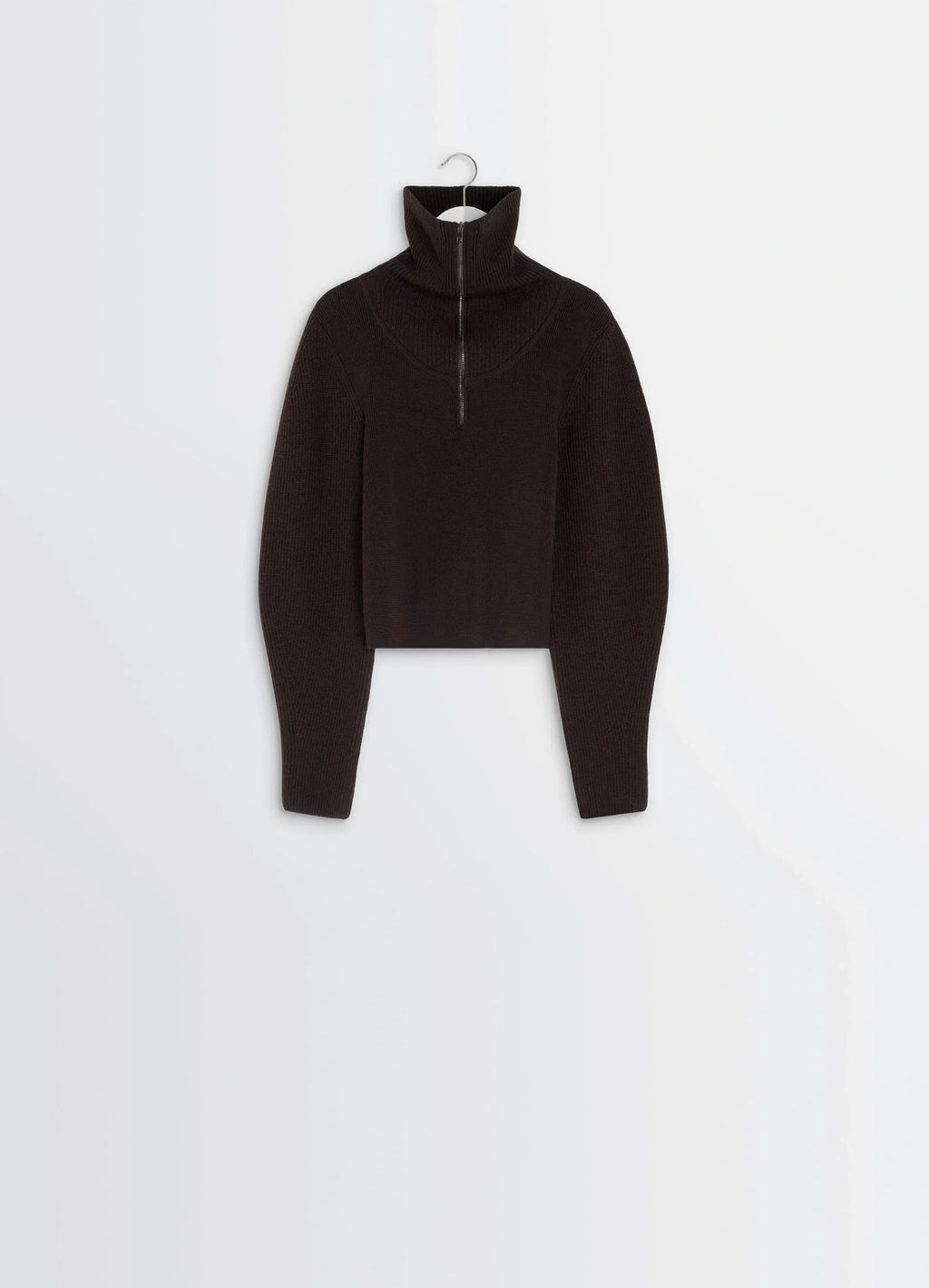 Zipped Sweater in Combed Wool, product shot, side hanging view turtleneck extended sleeves