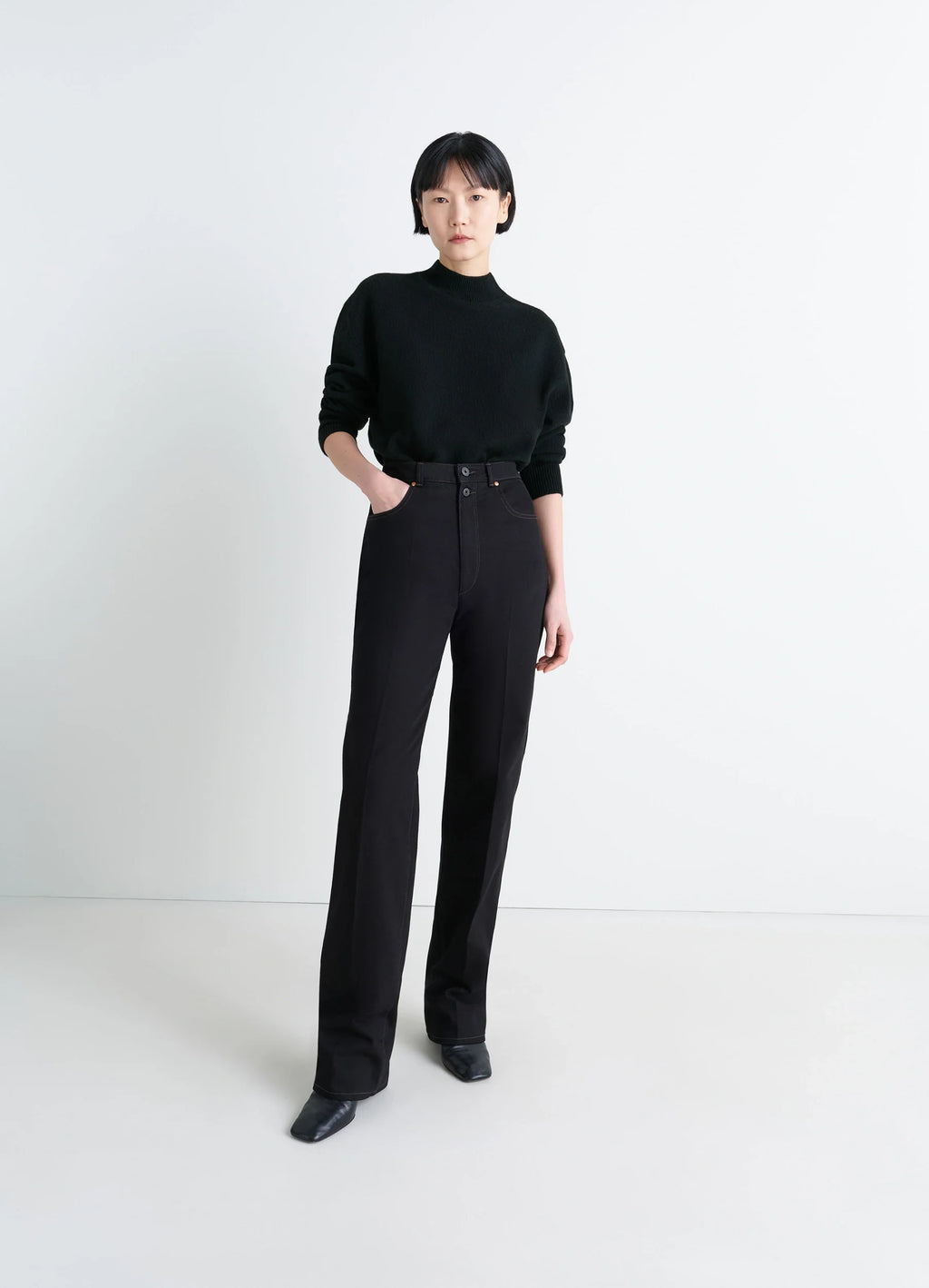 Mock Neck Sweater in Alpaca Yak Wool, model shot, side view fitted sleeve