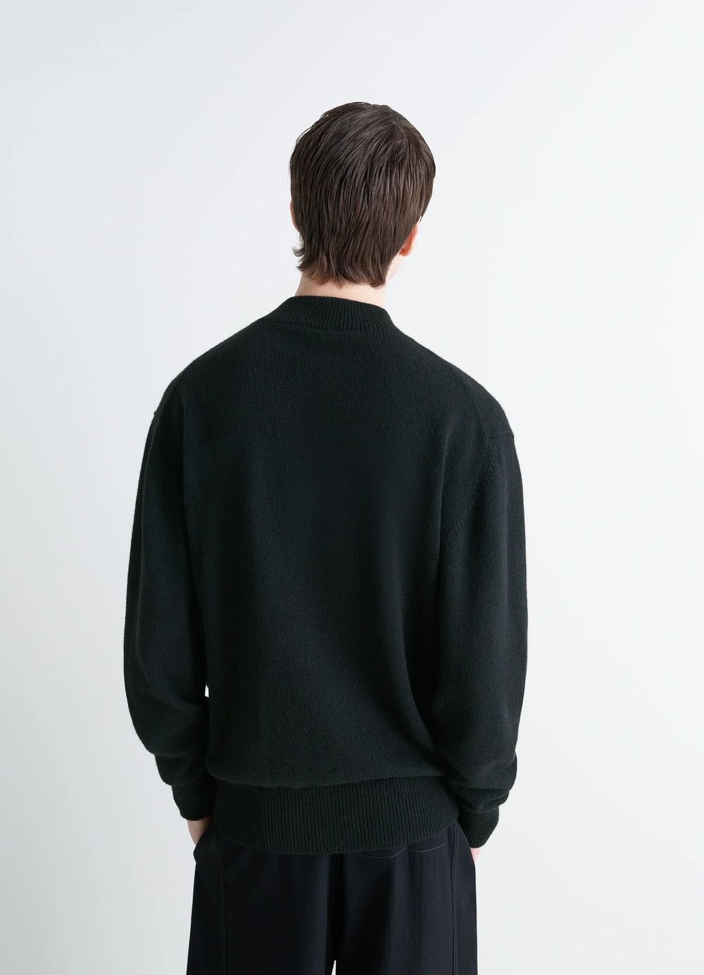 Mock Neck Sweater in Alpaca Yak Wool, model shot, back view ribbed neckline