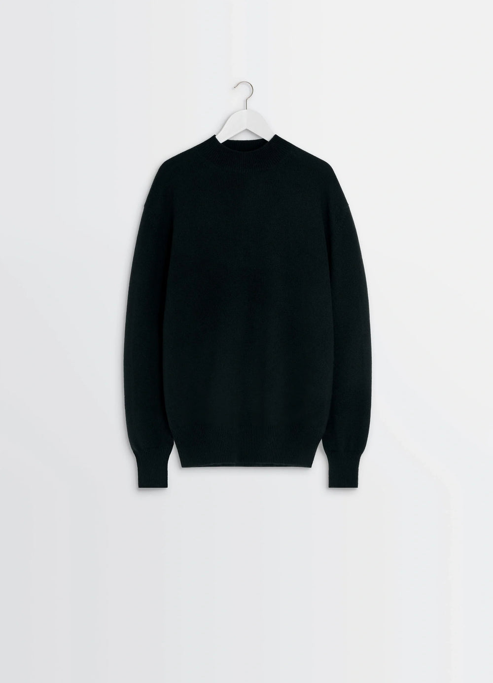 Mock Neck Sweater in Alpaca Yak Wool, product shot, hanging view tapered sleeve