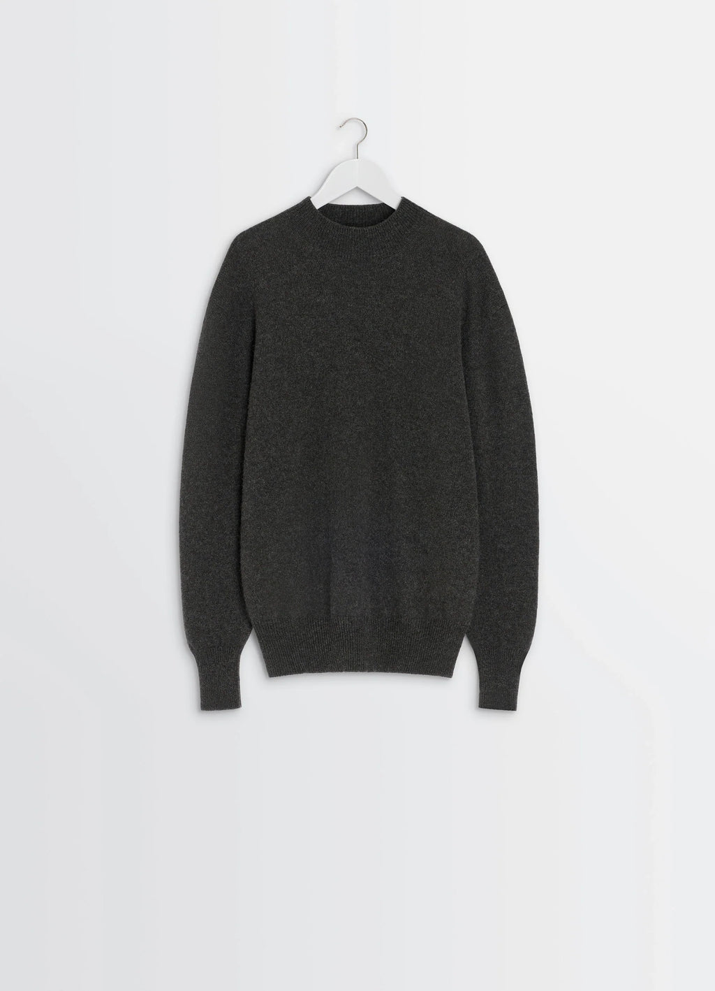 Mock Neck Sweater in Black Alpaca Yak Wool, product shot, hanging display view ribbed neck and hem