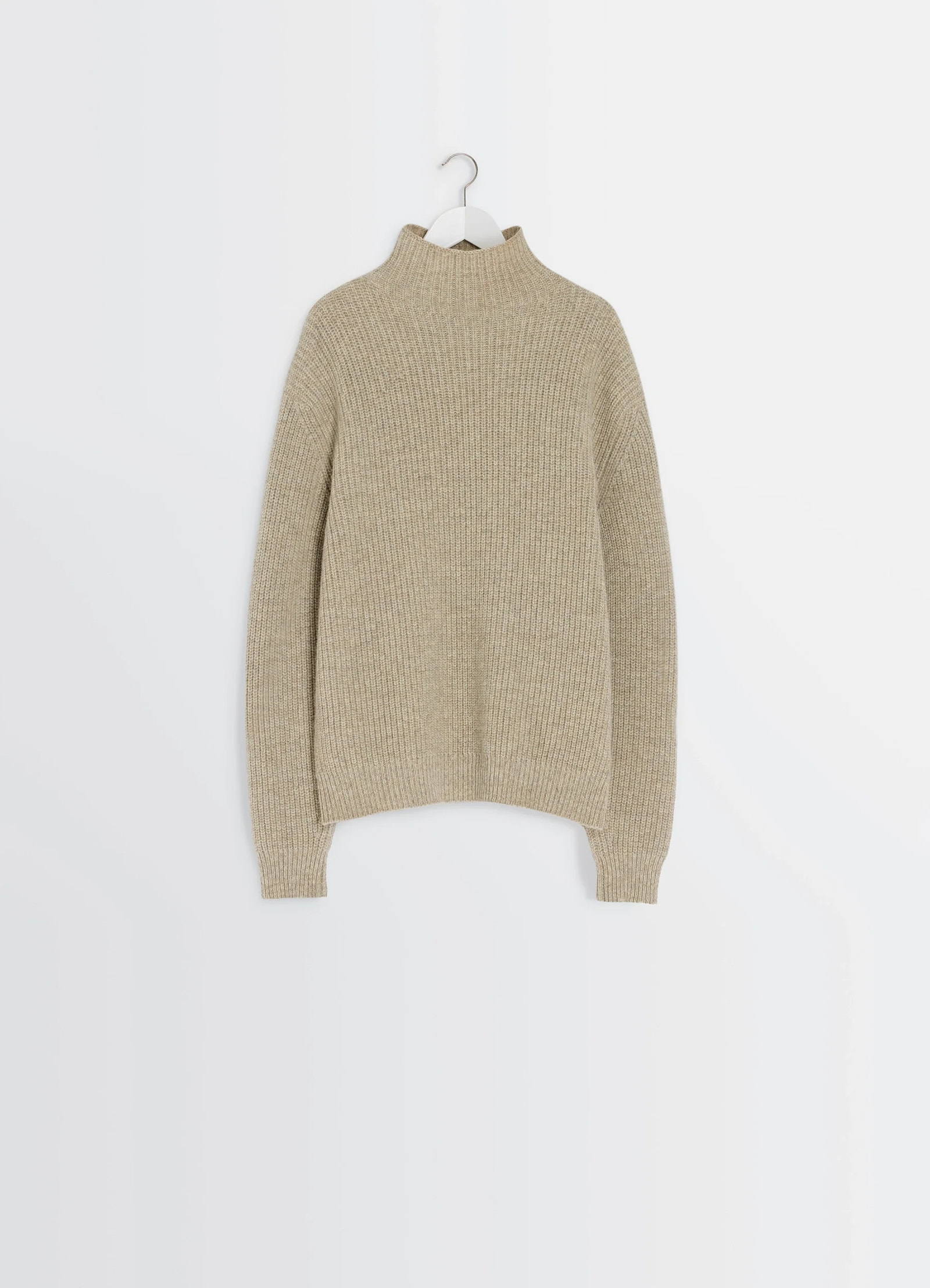 High neck sweater in alpaca yak wool blend, product shot, hanger front view straight hem detail