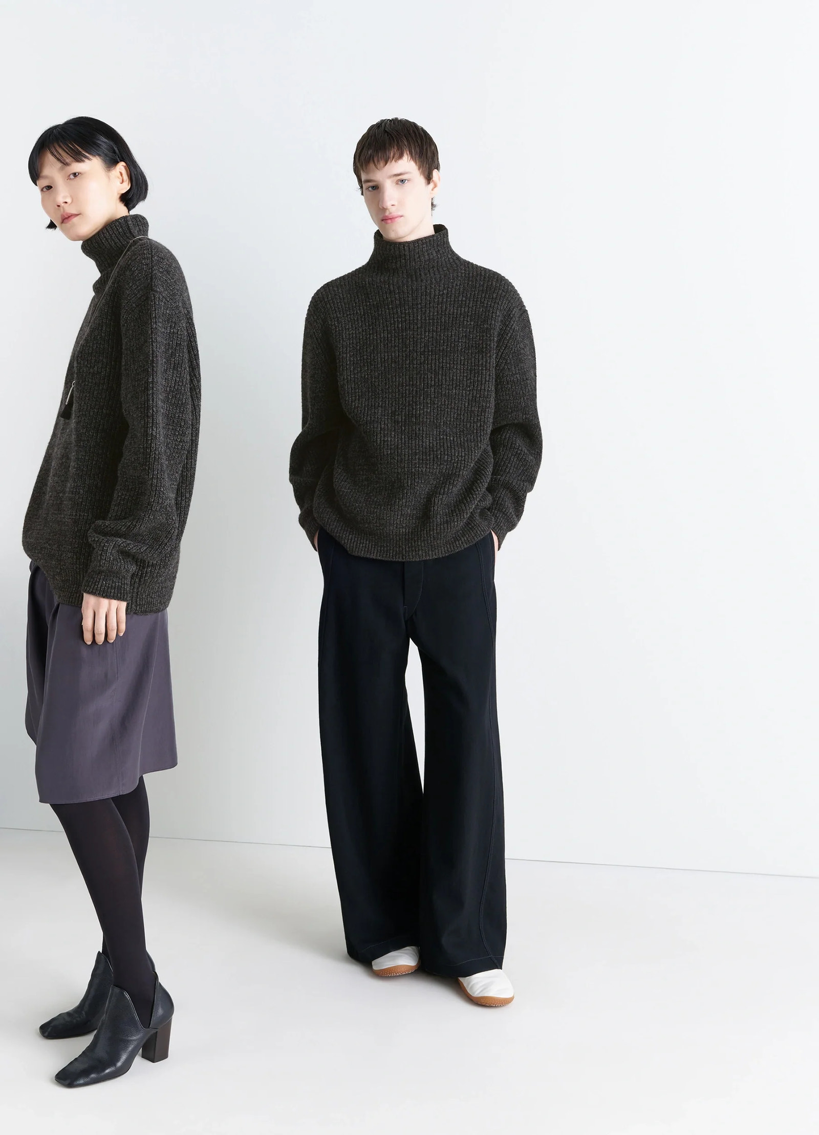High neck sweater in densely ribbed alpaca yak, model shot, front and side view textured knit, relaxed fit