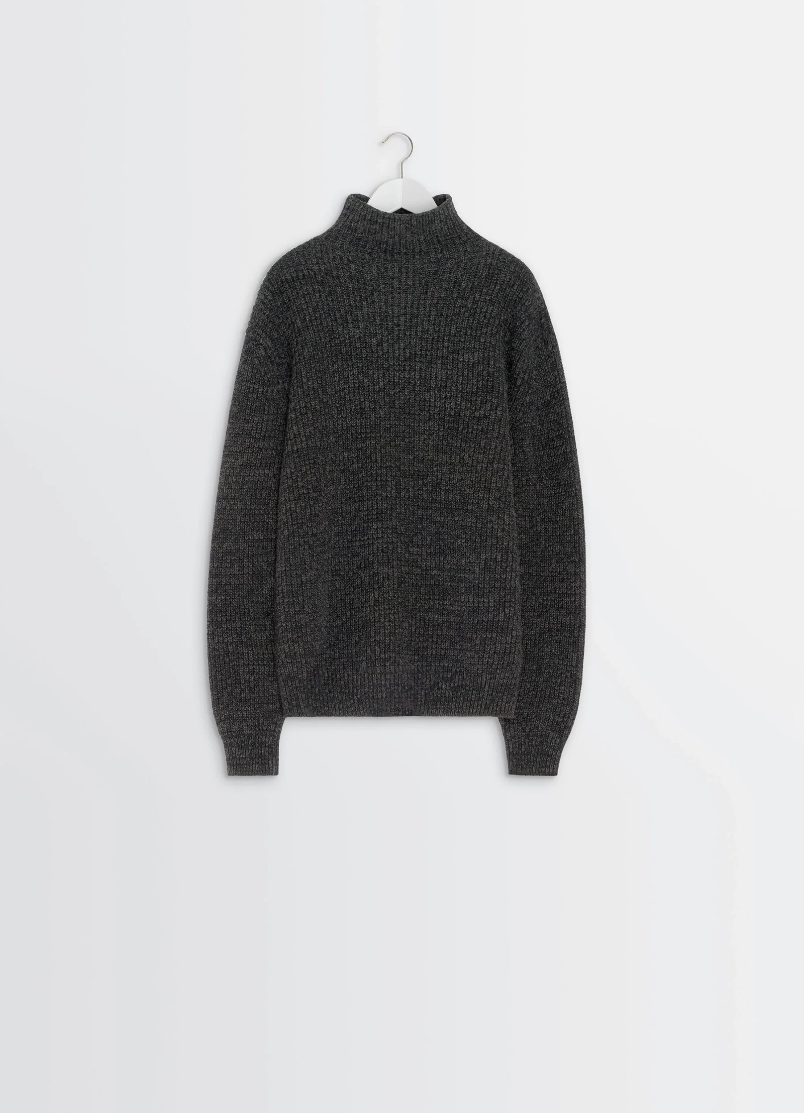 High neck sweater in densely ribbed alpaca yak, product shot, hanger display view textured rib pattern