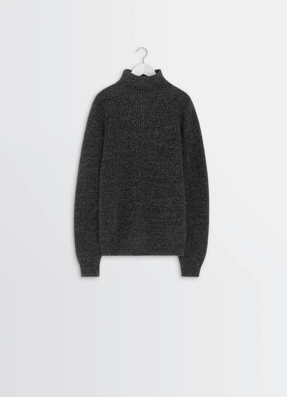 High Neck Sweater in Densely Ribbed Alpaca Yak, product shot, hanger display view textured rib pattern