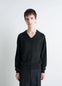Lemaire V Neck Sweater in Blended Merino Wool in Black, model shot, Front view Relaxed fit