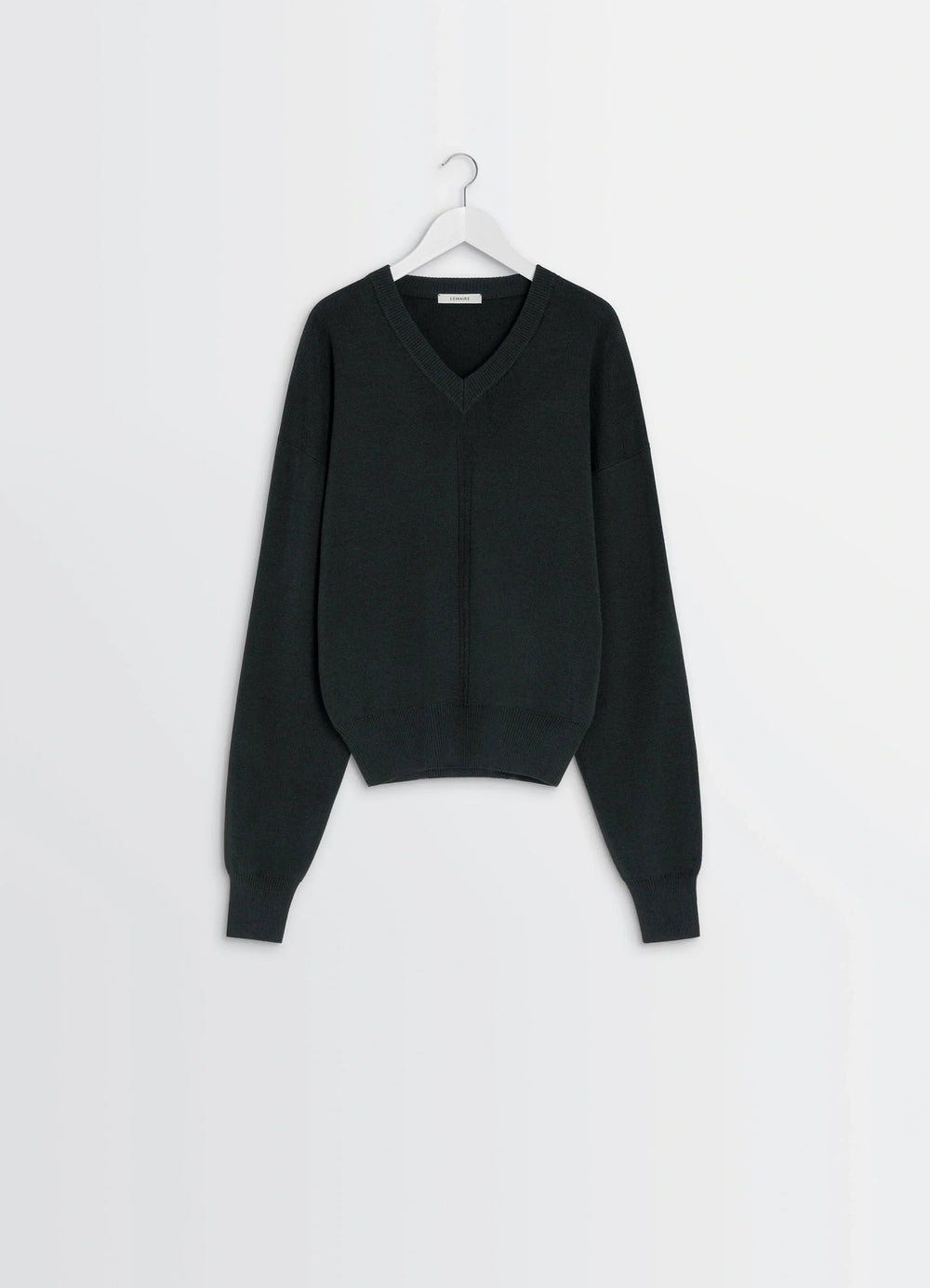 Lemaire V Neck Sweater in Blended Merino Wool in Black, product shot, hung display view minimalist design