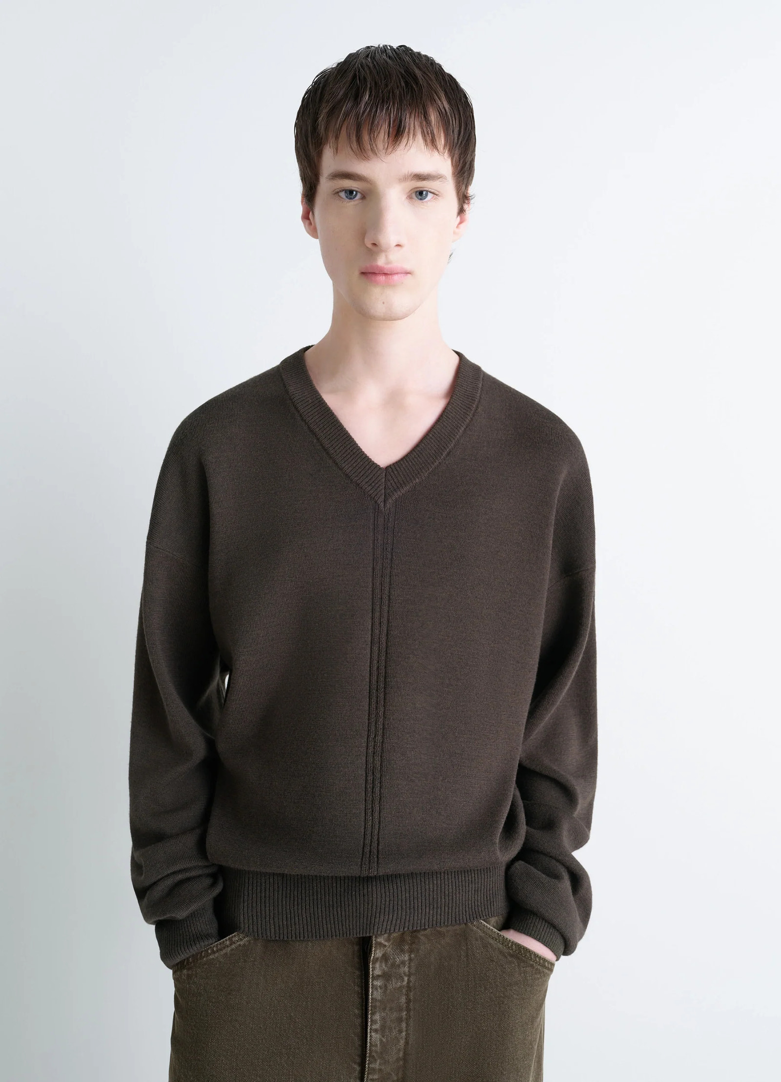 Lemaire v neck sweater in blended merino wool, model shot, front view fitted cut