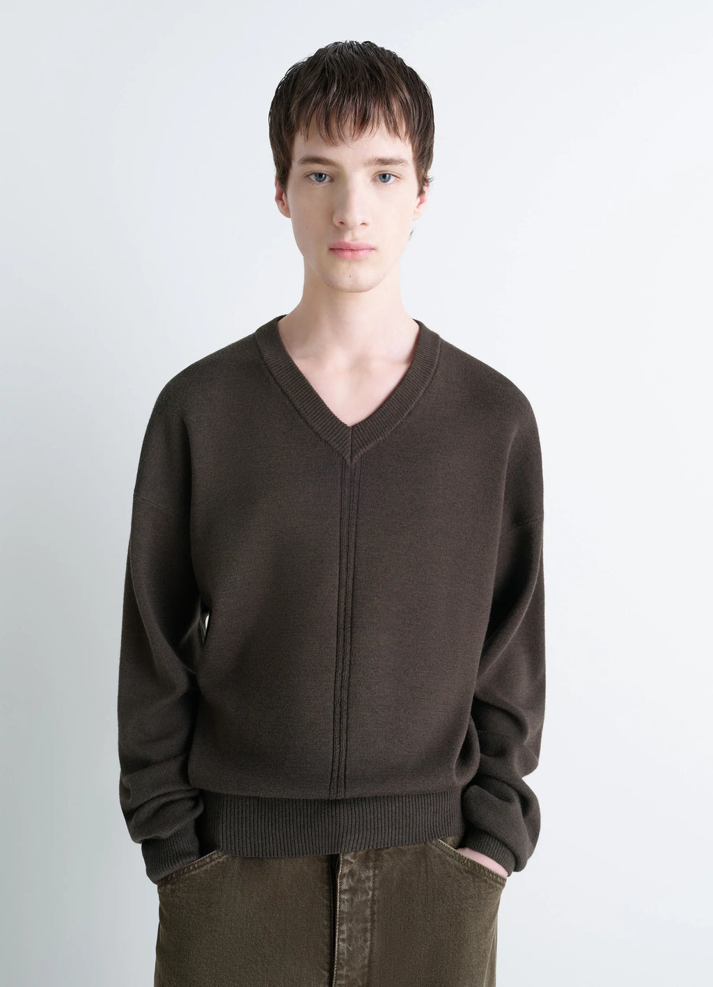 Lemaire V Neck Sweater in Blended Merino Wool, model shot, Front view Fitted cut