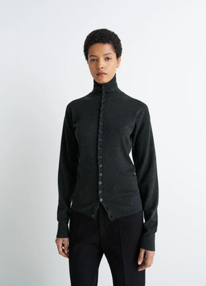Lemaire Buttoned Fitted Cardigan in Dark Heather Mercerized Wool, model shot, Front view Fitted cut high neck