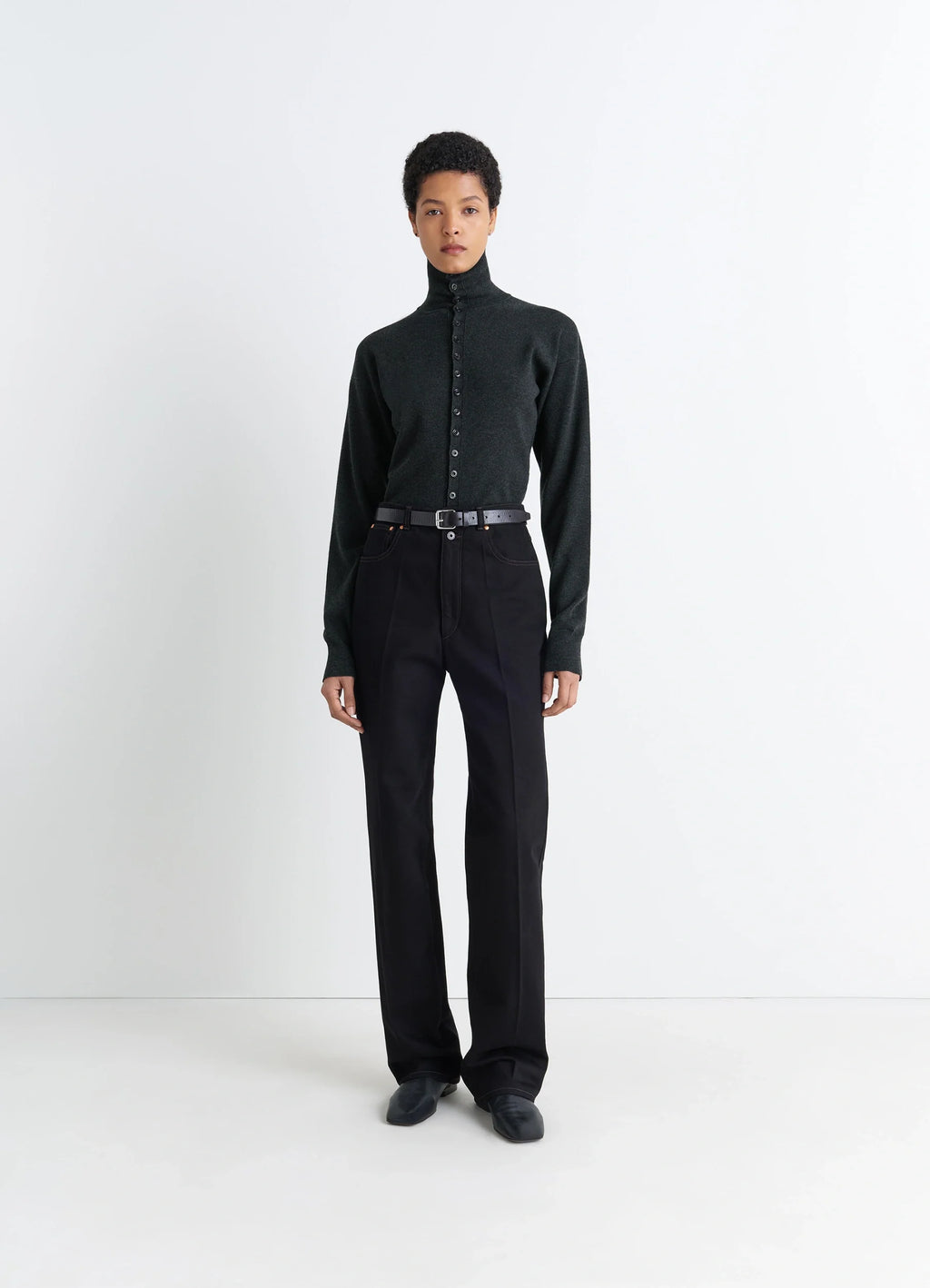 Lemaire Buttoned Fitted Cardigan in Dark Heather Mercerized Wool, model shot, full body front view button-up high neck design