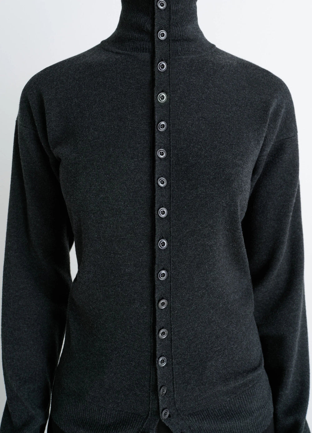 Lemaire Buttoned Fitted Cardigan in Dark Heather Mercerized Wool, model shot, close-up front view high neck, button details