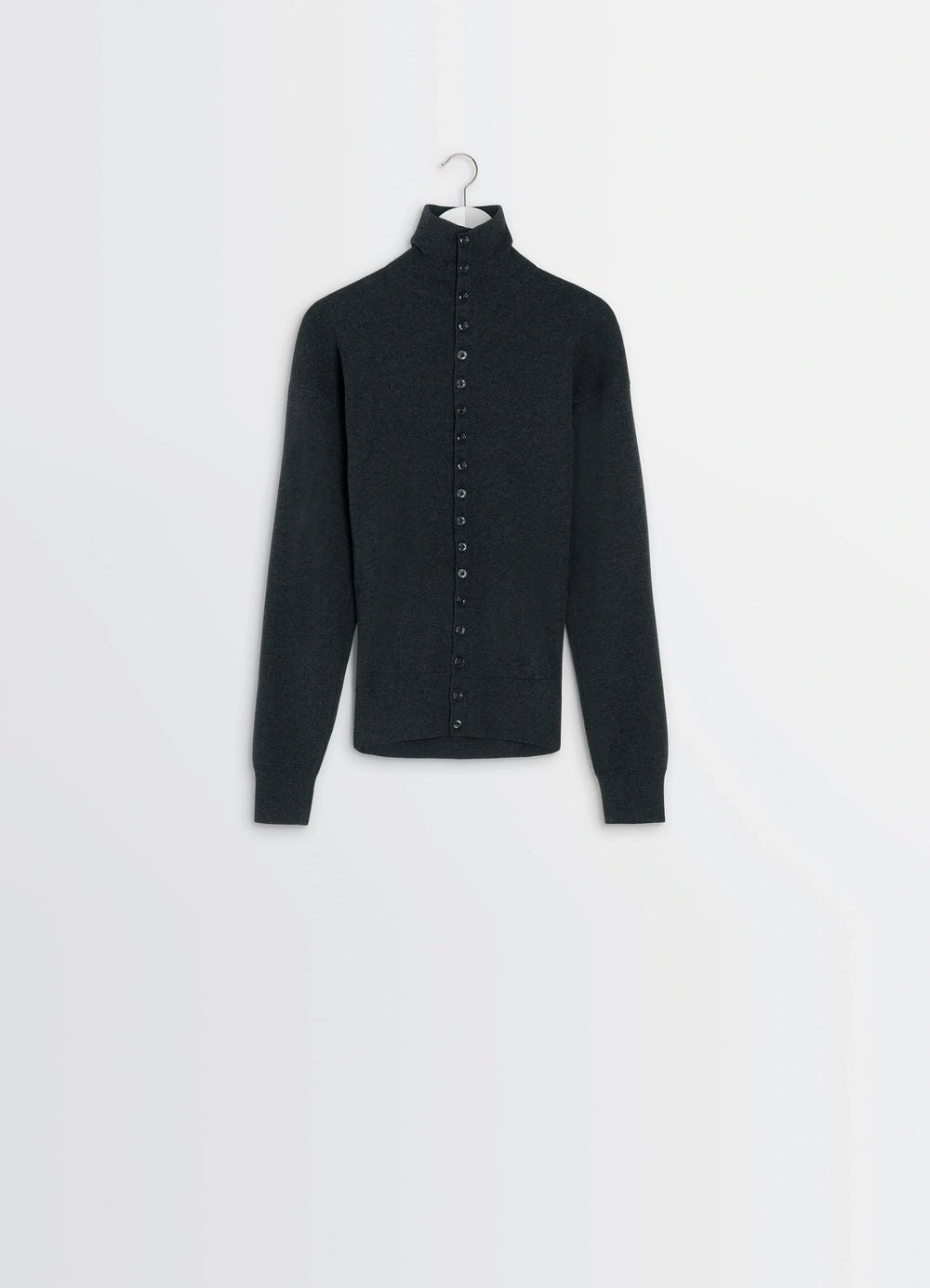 Lemaire Buttoned Fitted Cardigan in Dark Heather Mercerized Wool, product shot, hanging front view high neck silhouette