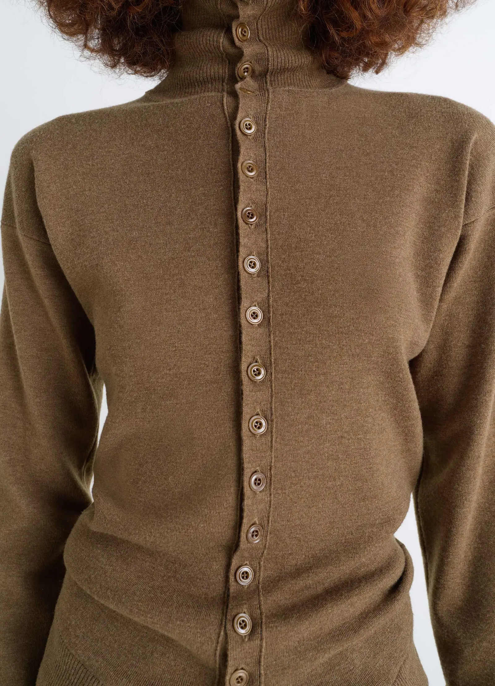 Lemaire buttoned fitted cardigan in mercerized wool, model shot, back view button detail, high neck