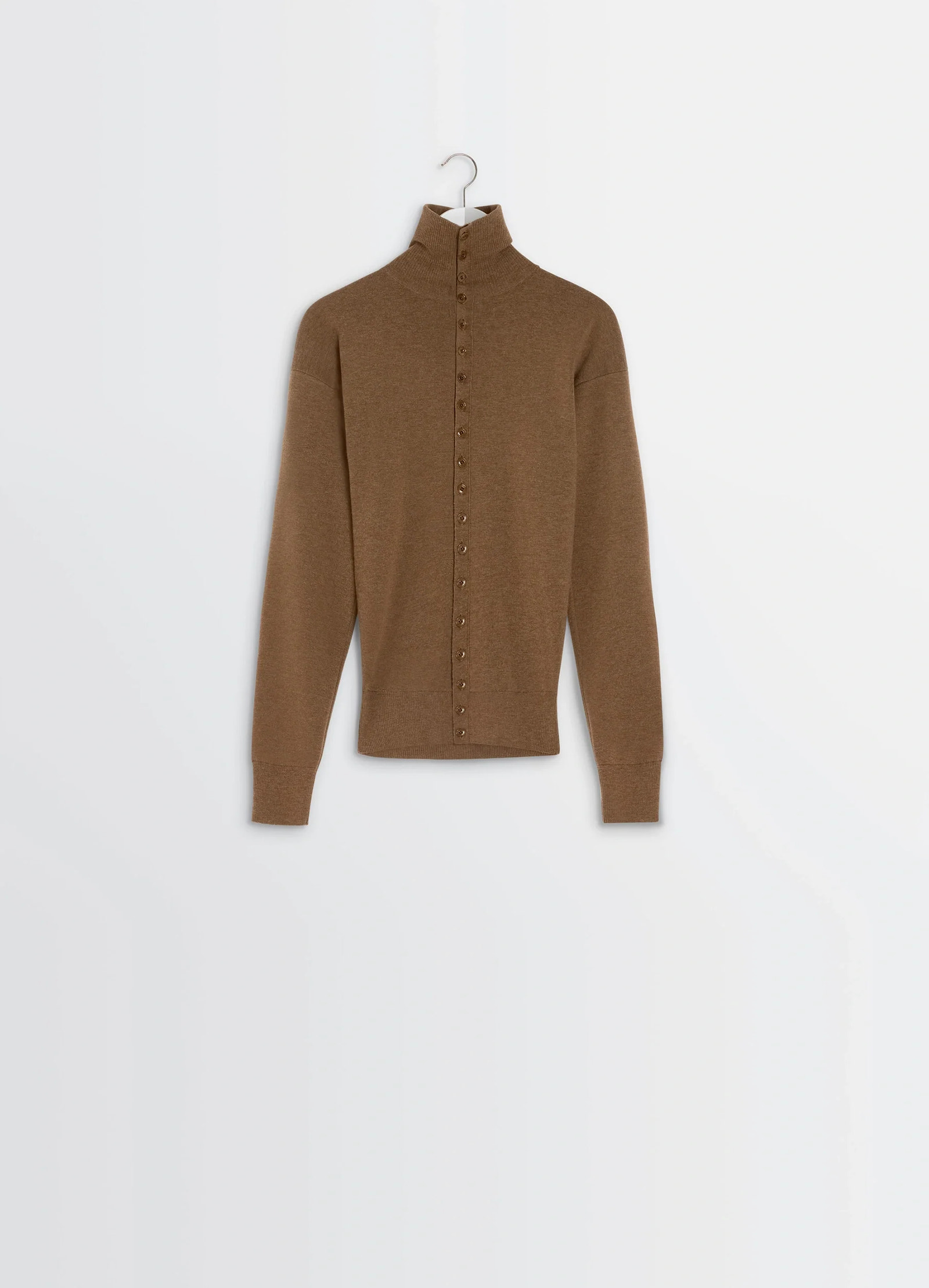 Lemaire buttoned fitted cardigan in mercerized wool, product shot, hanger display view long sleeve ribbed cuffs