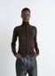 Lemaire Buttoned Fitted Cardigan in Brown Mercerized Wool, model shot, Front view High neck fitted