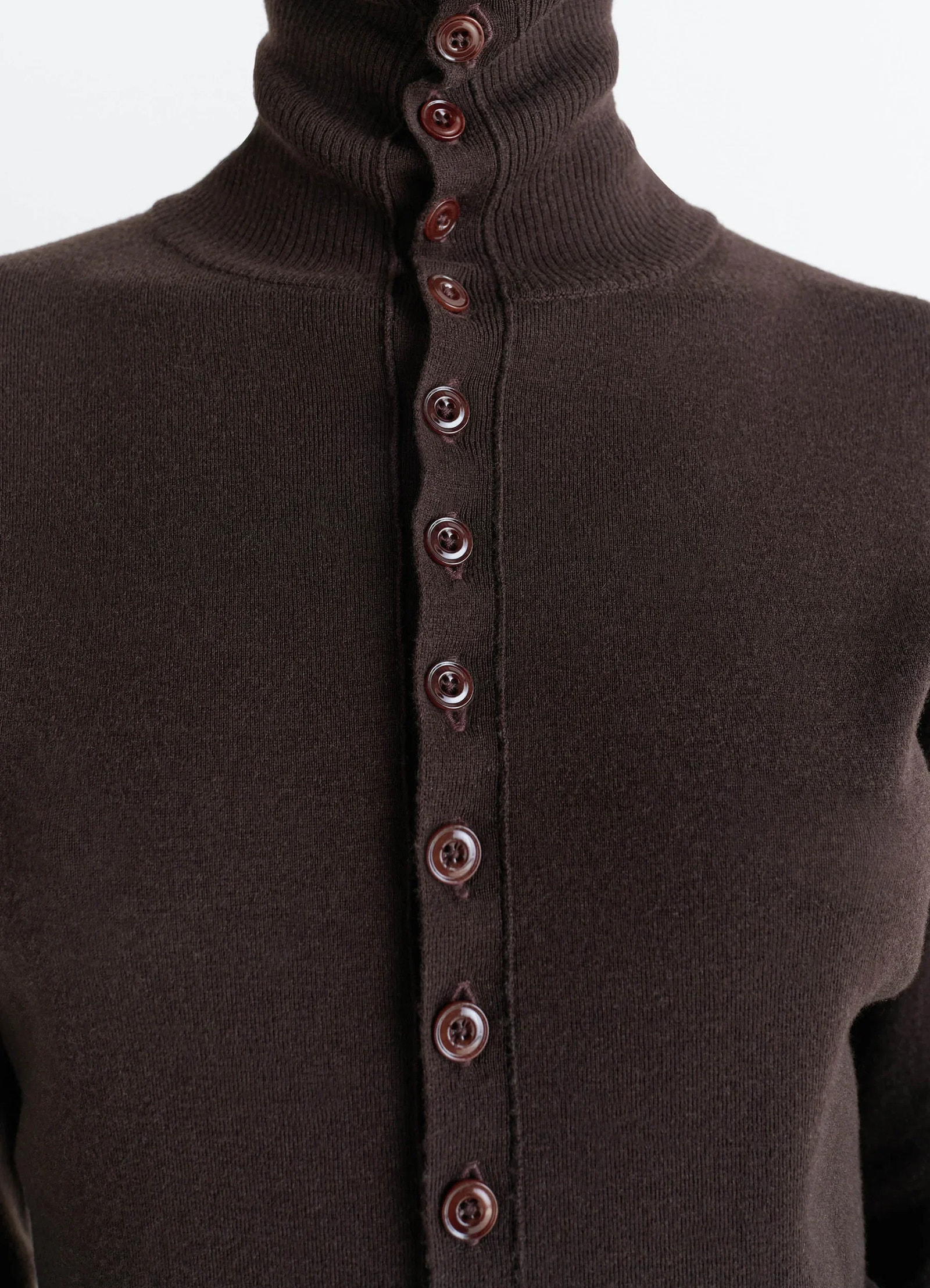 Lemaire buttoned fitted cardigan in brown mercerized wool, product shot, close-up detail shot ribbed high neck